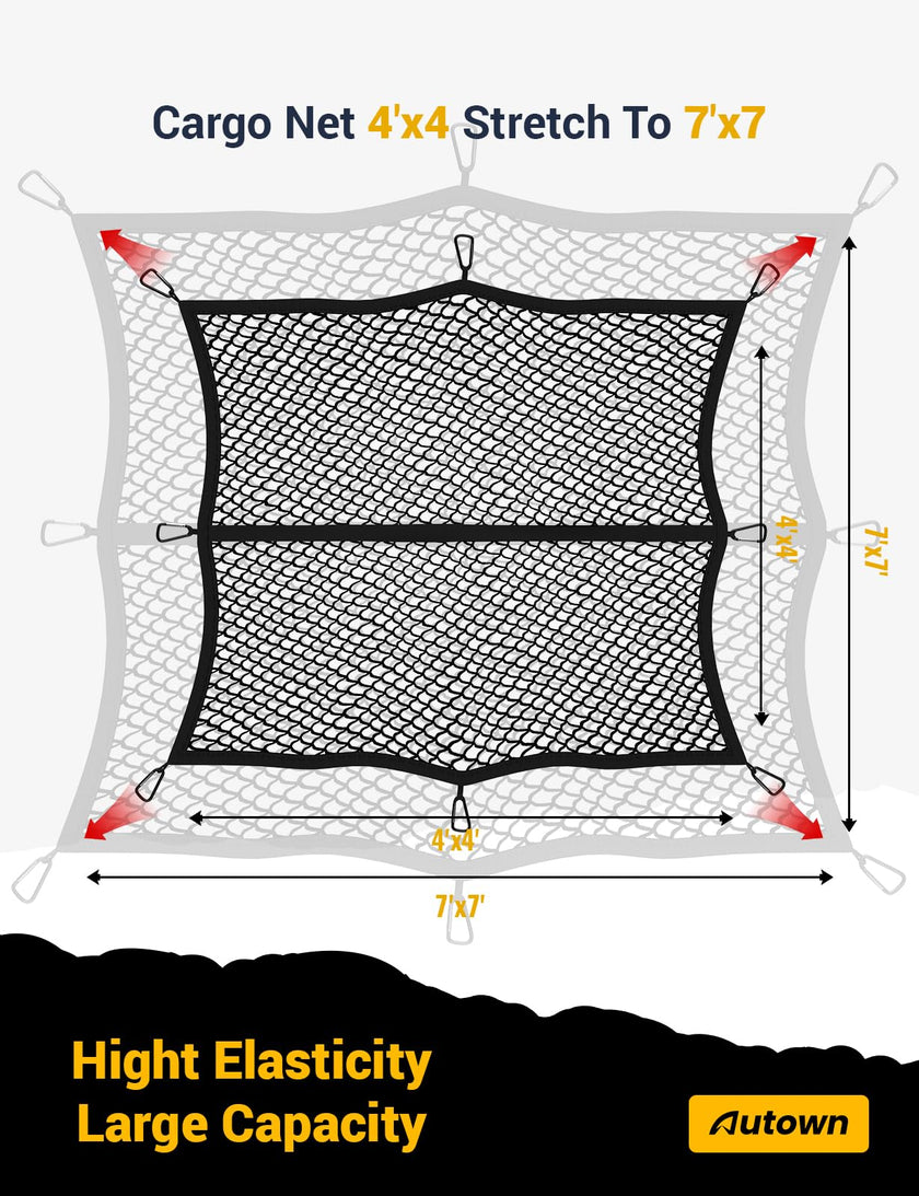 AUTOWN Cargo Net for Pickup Truck Bed - Stretchable 4'x4' to 7'x7', High Elastic Fine Mesh 1''x1'' with 8 Metal Carabiners - Ideal for ATV, SUV, UTV, Truck and Boat Use (Single Layer) 🍁 All In One Marketplace Canada