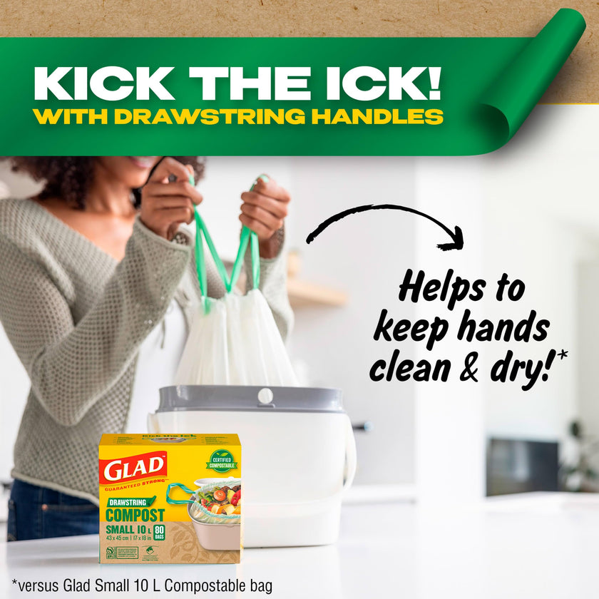Glad Certified Compostable Drawstring Bags - Small 10 Litres - Drawstring, 80 Compost Trash Bags - Unscented 🍁 All In One Marketplace Canada
