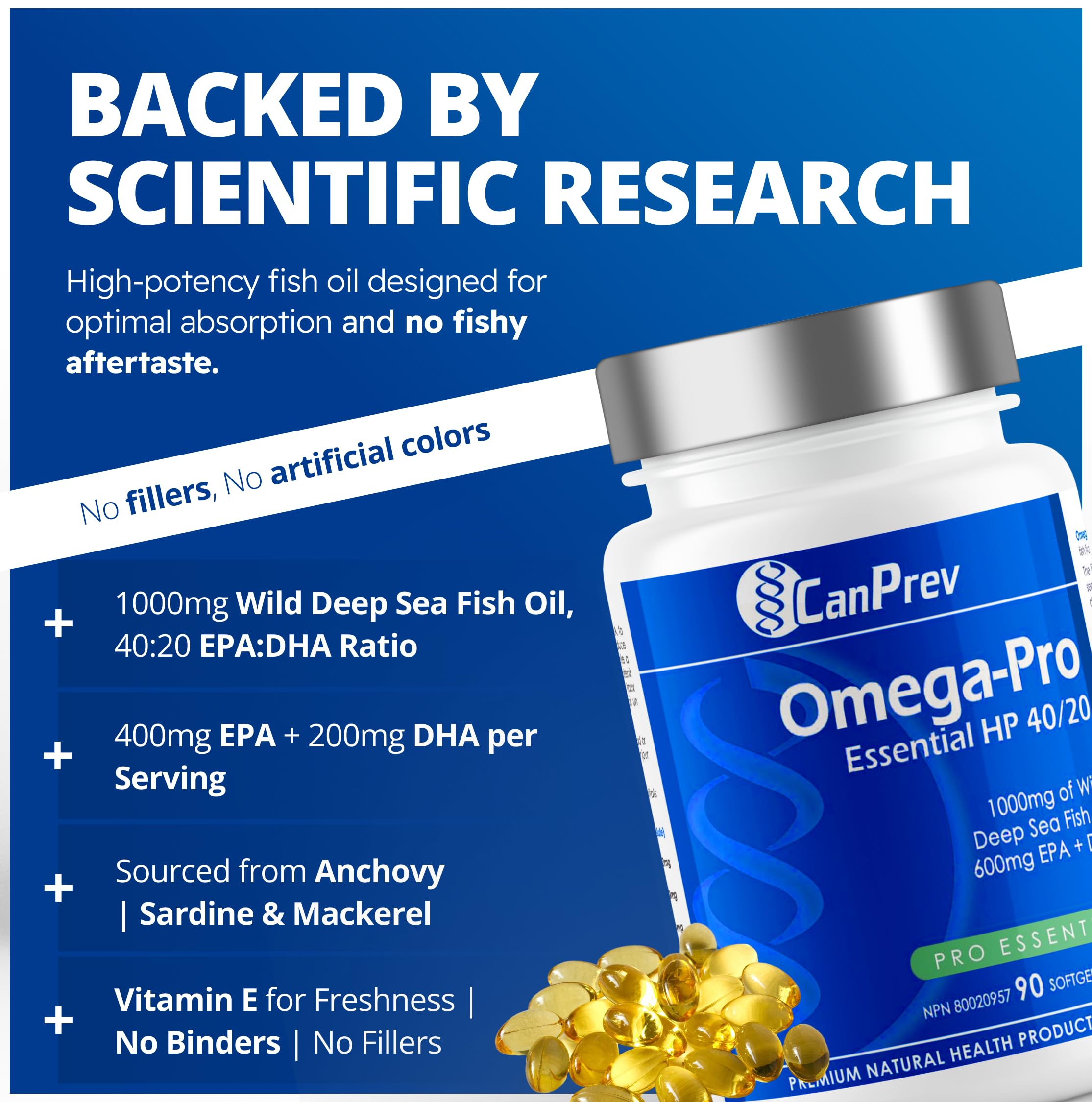 CanPrev Omega-Pro Essential HP 40/20, 90 Softgels 30-Day Supply - 1000mg Wild Deep-Sea Fish Oil, Omega-3 EPA & DHA Formula, Molecular Distilled with Vitamin E, Supports Heart, Brain, Joint, Eye & Skin 🍁 All In One Marketplace Canada