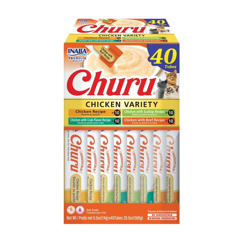 INABA Churu Cat Treats, Lickable, Squeezable Creamy Purée Cat Treat with Green Tea Extract & Taurine, 14 Grams Each Tube, 40 Tubes, Chicken Variety Box 🍁 All In One Marketplace Canada