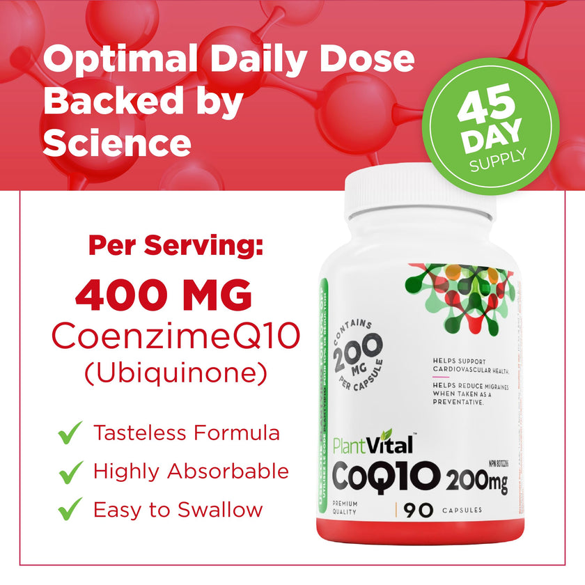 PlantVital Coenzyme Q10 - Made in Canada - 400mg (2 capsule per day) - CoQ10 Supplement - Support Cardiovascular Health - High-Potency - Helps Reduce Migraine Frequency - 45 Days Supply - 90 Capsules 🍁 All In One Marketplace Canada
