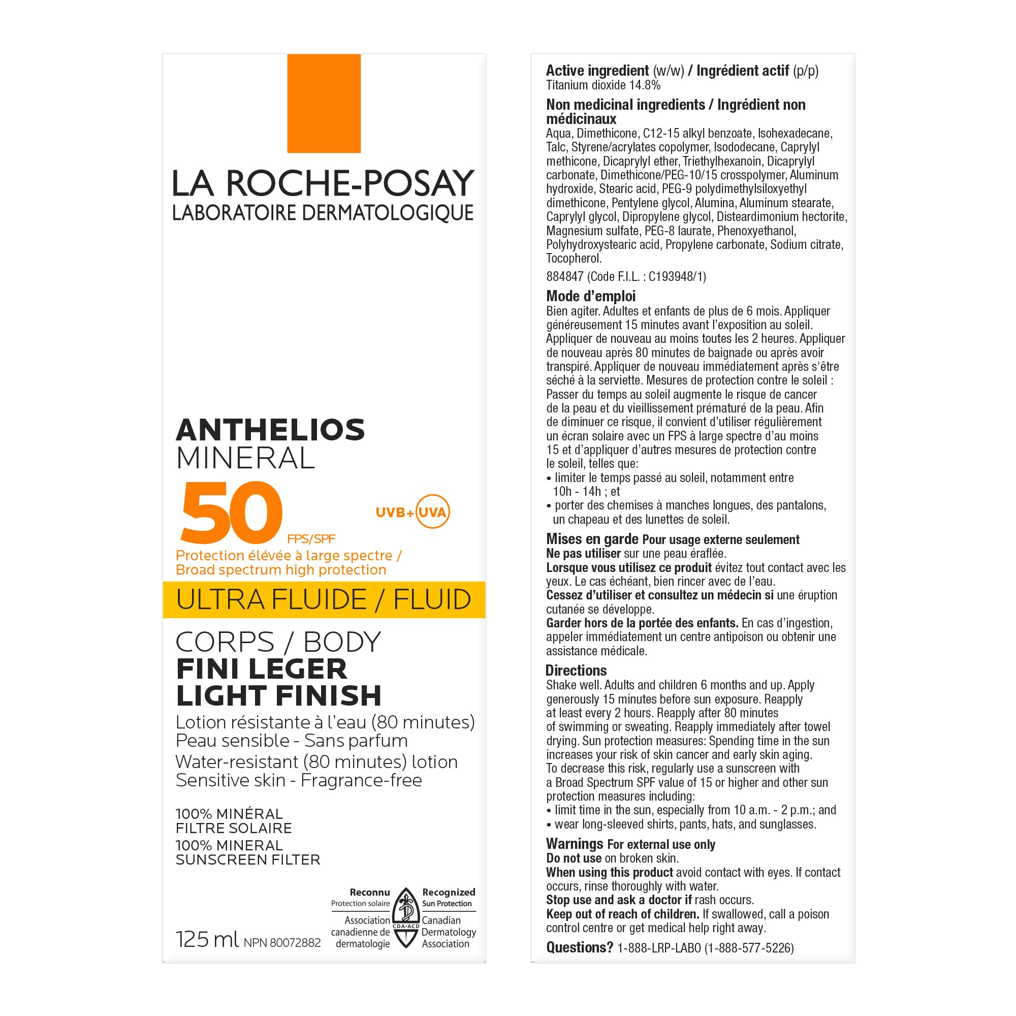 La Roche-Posay Anthelios Mineral Body Sunscreen, Gentle Lotion Broad Spectrum SPF 50, Face and Body Sunscreen with Titanium Dioxide, Water Resistant, Fragrance Free, 125mL 🍁 All In One Marketplace Canada