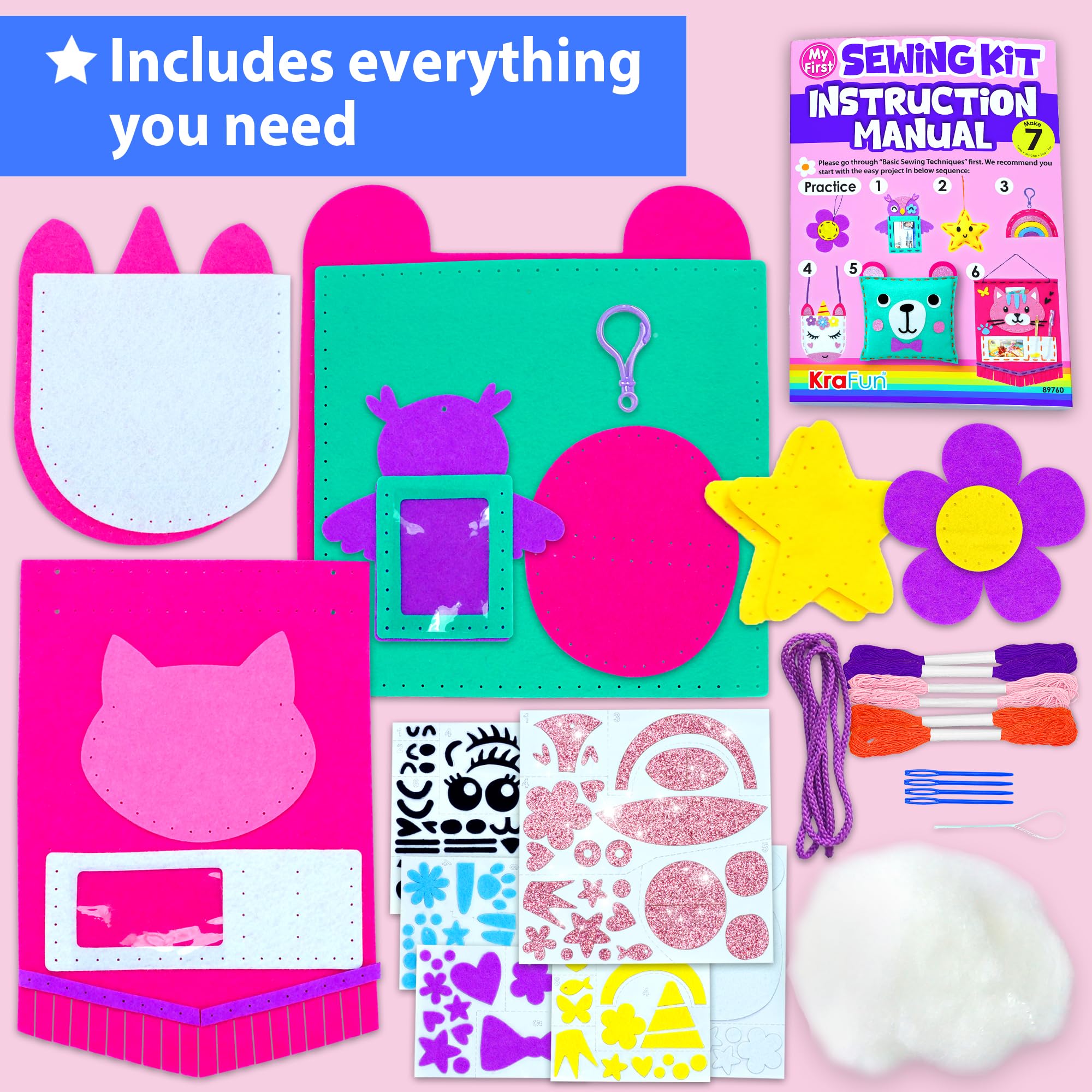 KRAFUN My First Sewing Kit for Kids Age 5+ Beginner Art & Craft, Includes 7 Easy Projects Dolls, Pillows, Bag, Instruction & Plush Felt Materials for Learn to Sew, Embroidery Skills 🍁 All In One Marketplace Canada
