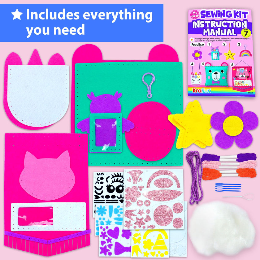 KRAFUN My First Sewing Kit for Kids Age 5+ Beginner Art & Craft, Includes 7 Easy Projects Dolls, Pillows, Bag, Instruction & Plush Felt Materials for Learn to Sew, Embroidery Skills 🍁 All In One Marketplace Canada