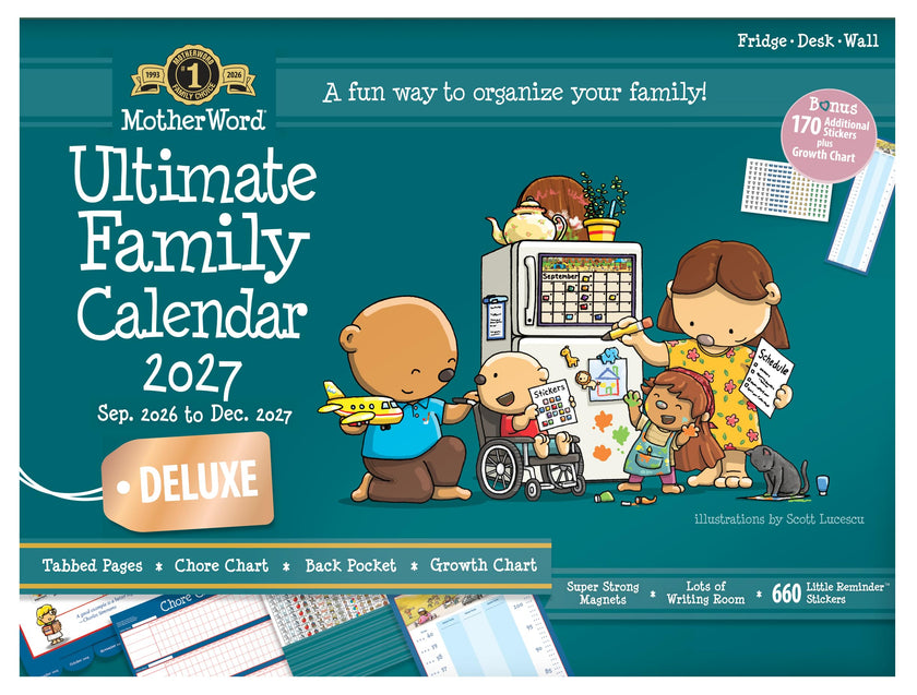 2027 MotherWord Deluxe Magnetic Ultimate Family Calendar and Chore Chart, 16-Month Family Planner, Sept 2026-Dec 2027, English, Large Deluxe Version, 18