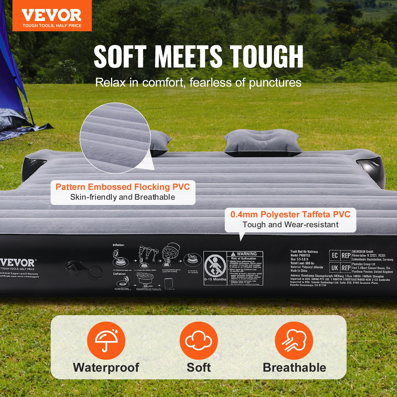 VEVOR Truck Bed Air Mattress, for 5.5-5.8 ft Full Size Short Truck Beds, Inflatable Air Mattress Camping Bed with 12V Air Pump 2 Pillows, Carry Bag, for Silverado, RAM, F Series, Sierra, Titan, Tundra 🍁 All In One Marketplace Canada