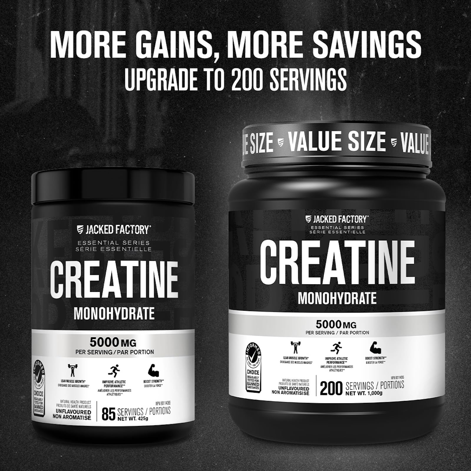 Jacked Factory Creatine Monohydrate Powder 425g - Canadian-Owned Informed Choice Certified Supplement for Increased Muscle Mass*, Improved Strength, Power, & Performance** - 85 Servings, Unflavored 🍁 All In One Marketplace Canada