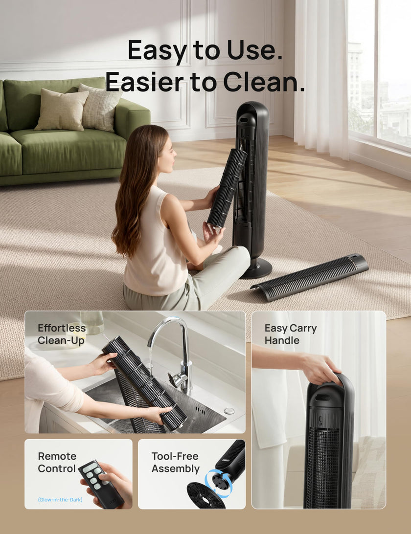 DREO Tower Fan for Bedroom, 2026 Upgraded DC Motor, 28ft/s High Velocity, 20dB Ultra Quiet Standing Fan, 8 Speeds 4 Modes, 90° Oscillating Bladeless Fan for Indoors, Floor Fans with Remote, Black 🍁 All In One Marketplace Canada