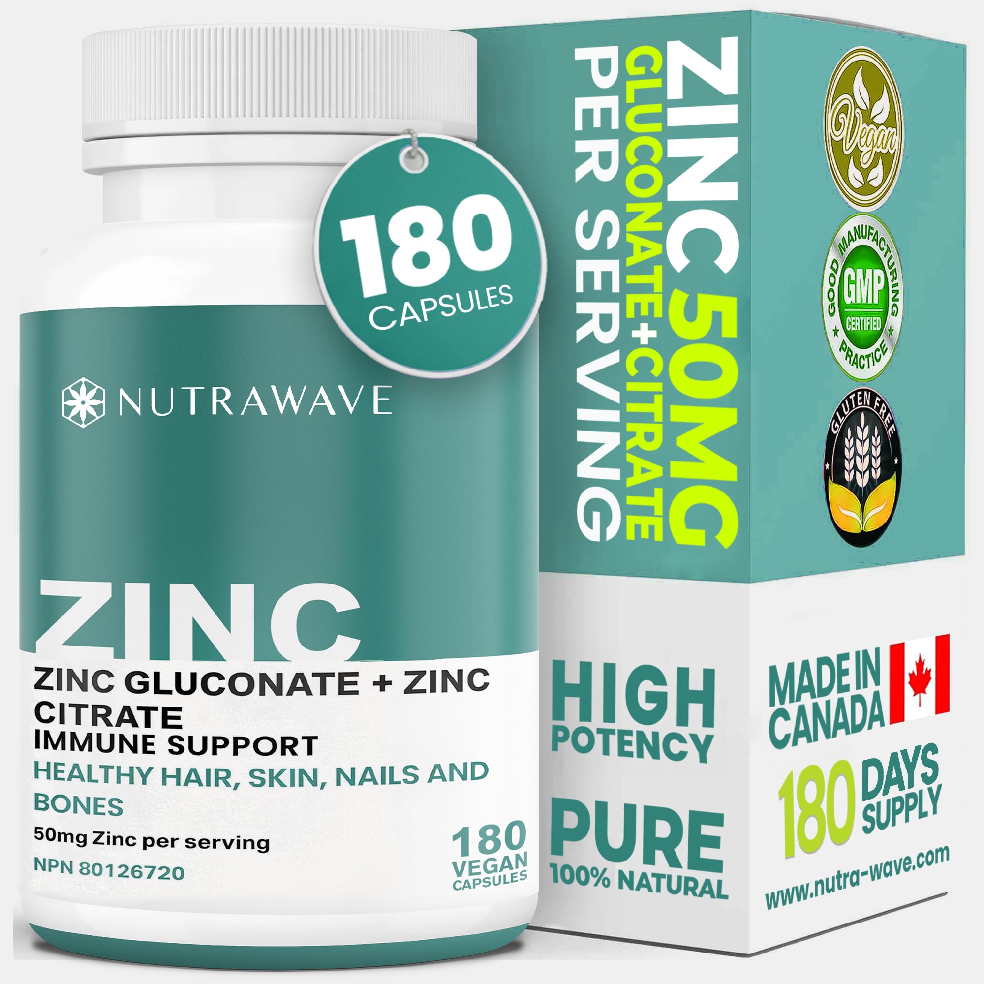 Nutrawave 2-IN-1 Zinc Supplements, High Absorption Formula 50 mg Zinc Gluconate + Zinc Citrate Chelated Stomach-Friendly Immune Booster, Healthy Skin, Hair, Nails & Bones, For Men & Women, Vegan, 6-Month Supply 🍁 All In One Marketplace Canada