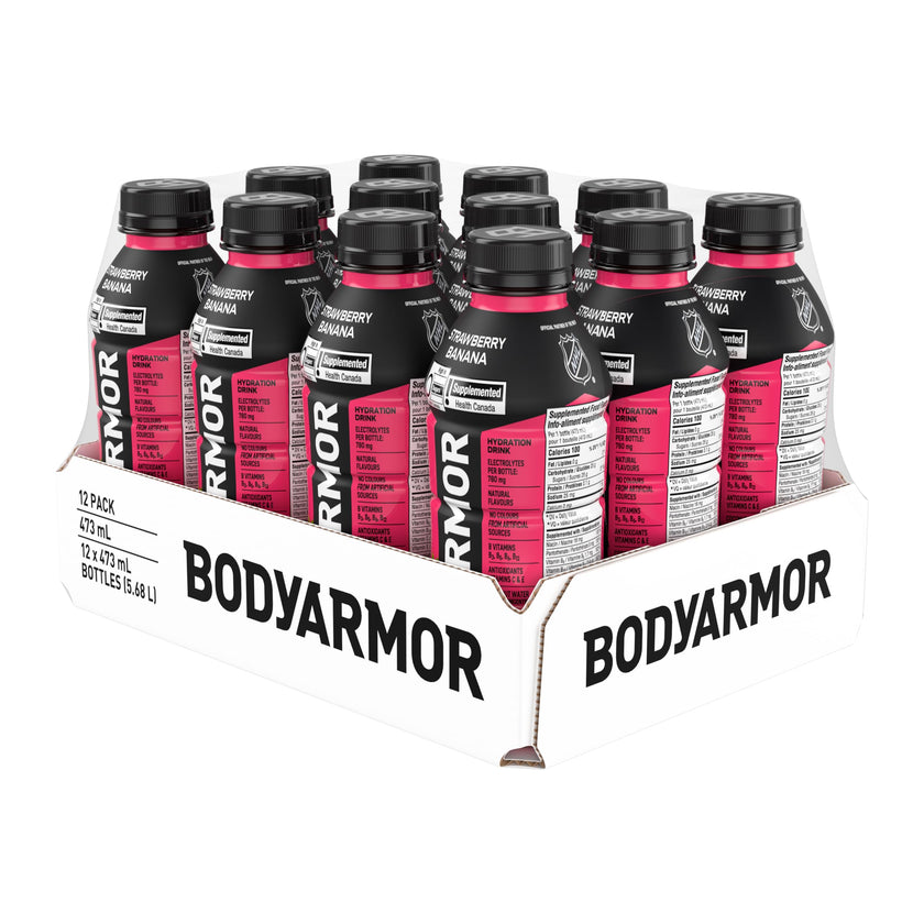 BODYARMOR SuperDrink Strawberry Banana, 473 mL Bottles (12 Pack) – Sports Hydration Drink with Coconut Water, Potassium-Packed Electrolytes and Antioxidant Vitamins 🍁 All In One Marketplace Canada