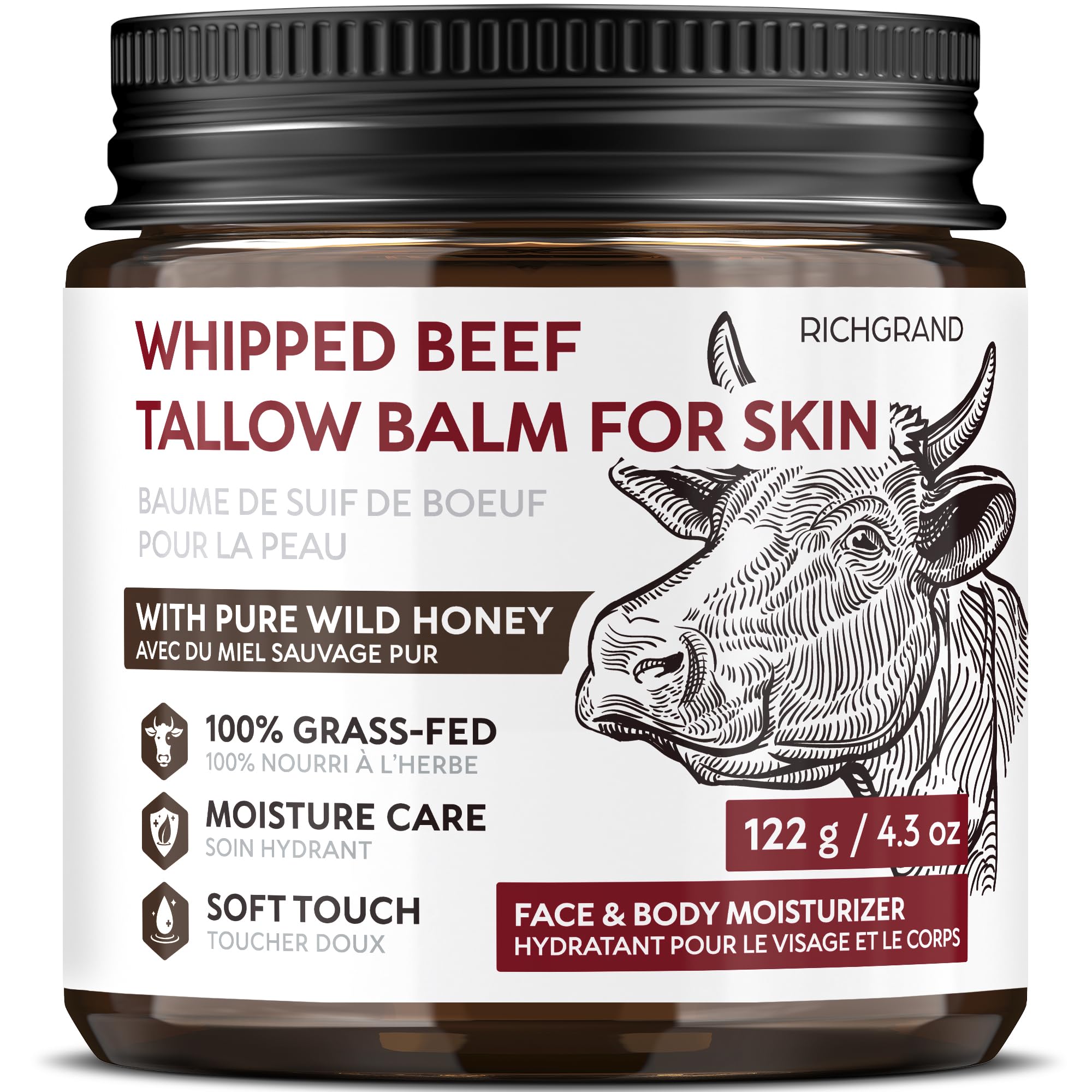 Beef Tallow Face Cream, Whipped Tallow and Honey Balm for Face and Body, Grass Fed Natural Skincare Moisturizer for Dry and Sensitive Skin, Hydrating Body Butter 🍁 All In One Marketplace Canada