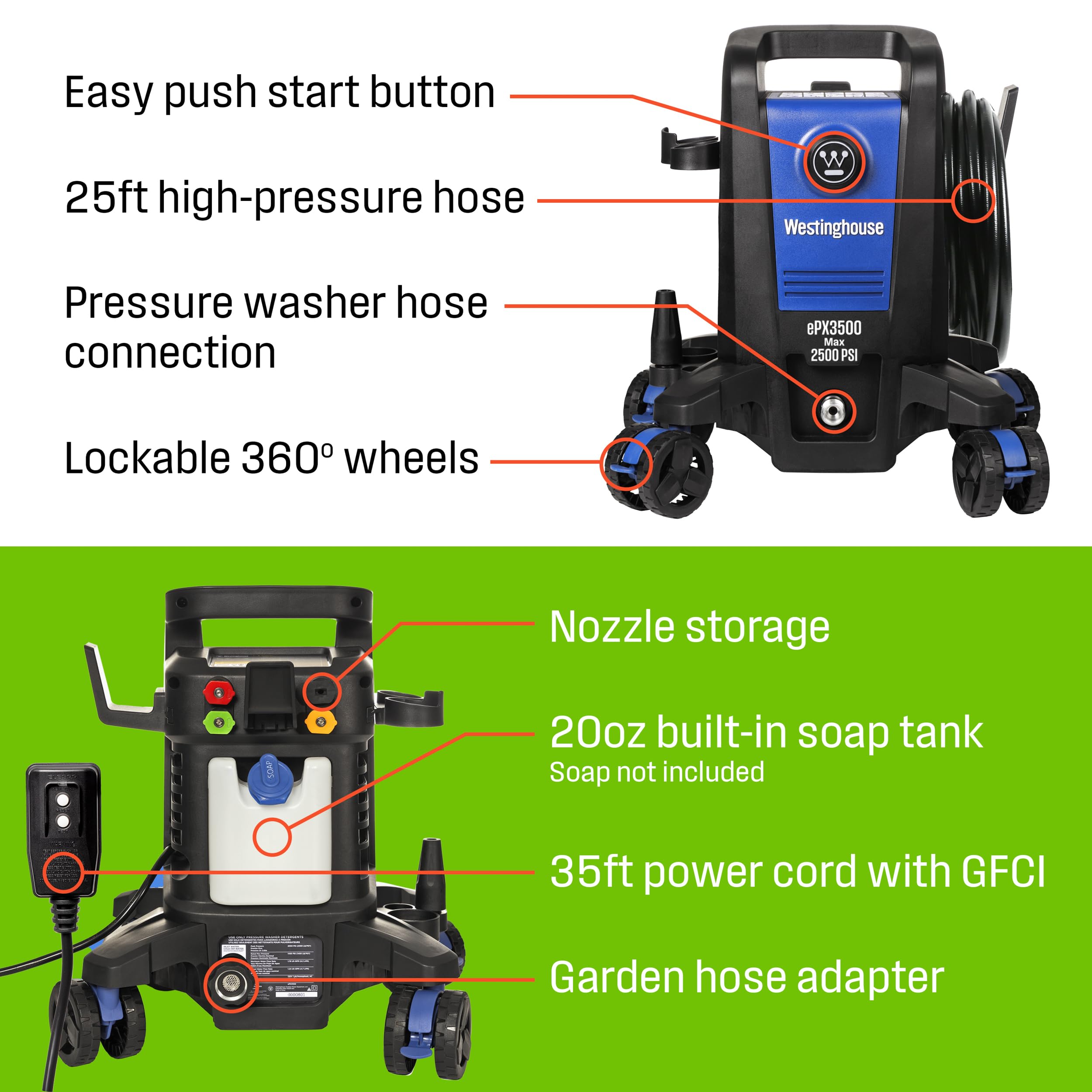Westinghouse ePX3500 Electric Pressure Washer, 2500 Max PSI 1.76 Max GPM with Anti-Tipping Technology, Onboard Soap Tank, Pro-Style Steel Wand, 5-Nozzle Set, for Cars/Fences/Driveways/Home/Patios 🍁 All In One Marketplace Canada