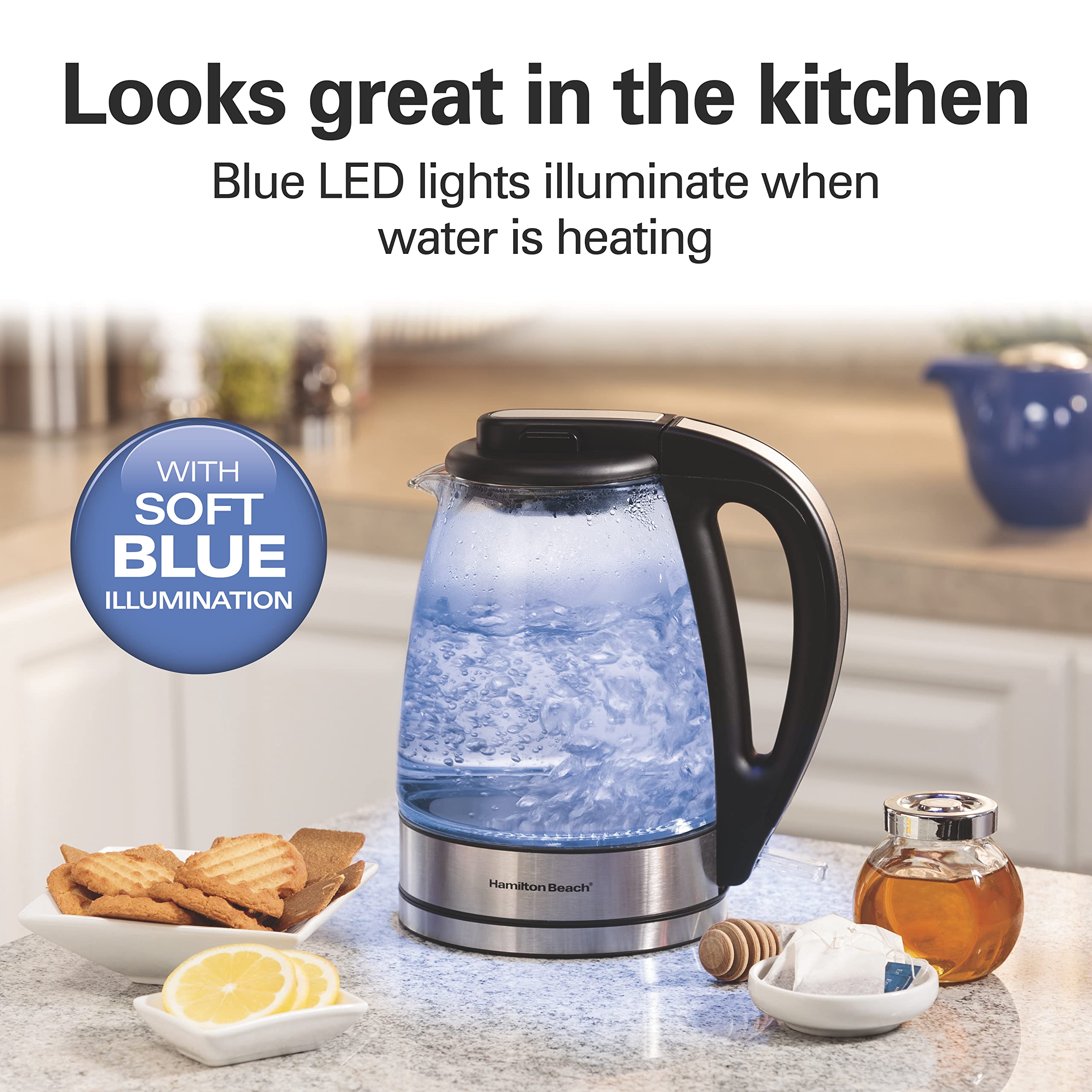 Hamilton Beach Glass Electric Kettle, 1 L, 1500W Fast Boiling Water Boiler, Cordless, Soft Blue LED Light, Auto Shutoff & Boil-Dry Protection, BPA-Free, Compact Size (40930JC) 🍁 All In One Marketplace Canada