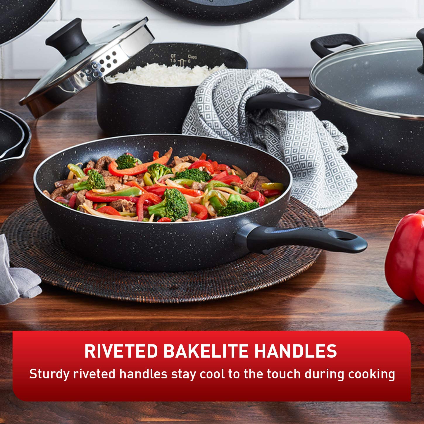 T-FAL, Signature, Non Stick Non Toxic Pots and Pan Set, 24cm (10 in)/ 30cm (12 in), Stone Effect Cookware Set, Thermo Spot Heat Indicator, Metal Utensil Safe,Black, Oven-Safe up to 175˚C/350˚F 🍁 All In One Marketplace Canada