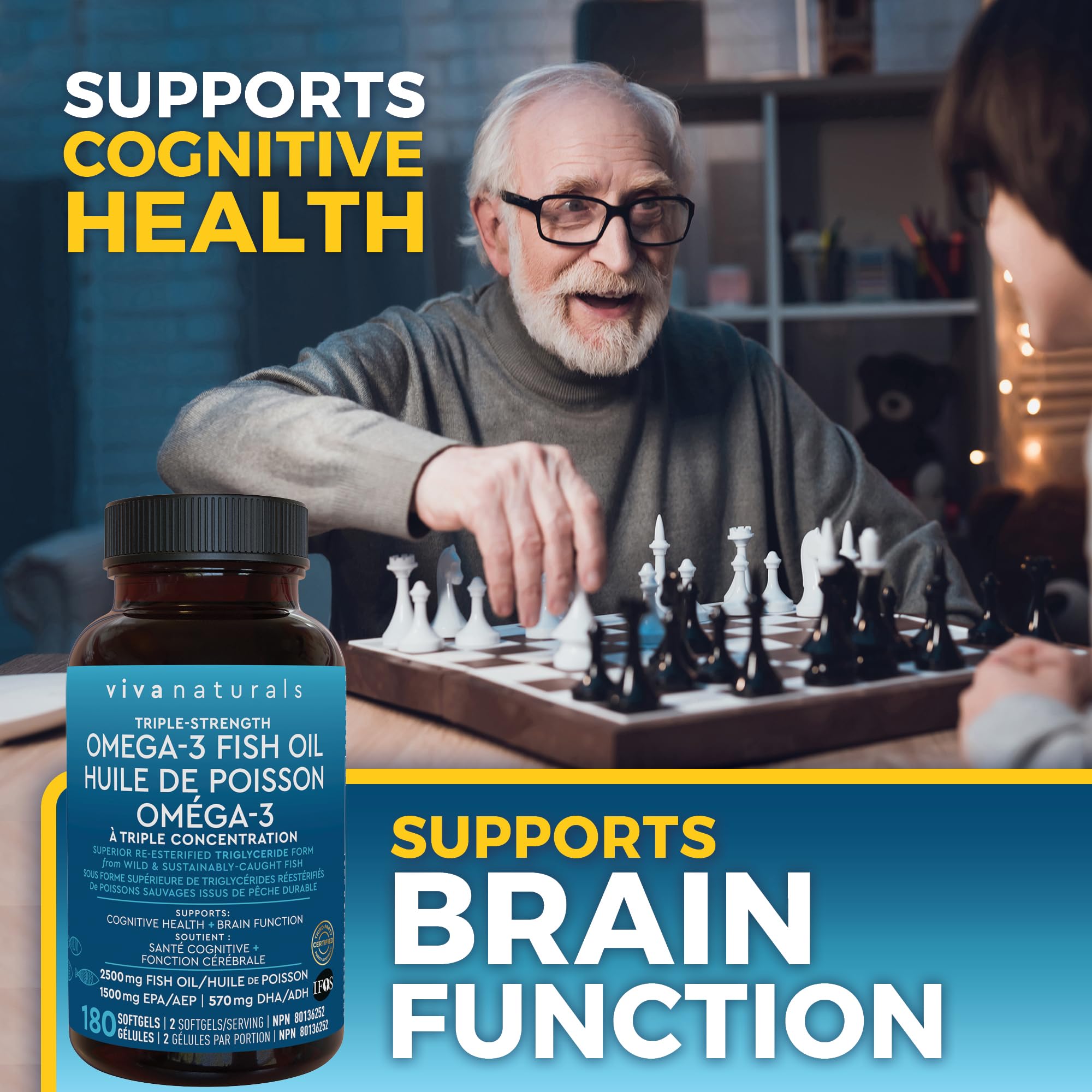 Omega 3 Fish Oil Supplements – 2500 mg High Potency Fish Oil with 1500 mg EPA & 570 mg DHA Omega 3 Fatty Acids in rTG Form for Better Absorption, No Fishy Aftertaste, IFOS Certified, 180 Softgels 🍁 All In One Marketplace Canada