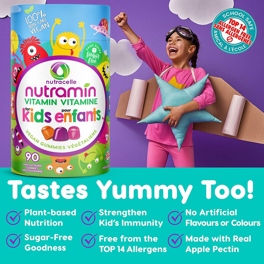 CANADIAN NUTRAMIN Children's Daily Vegan Multivitamin Gummies Vitamin C, D2 & Zinc for Immunity, Plant-Based, Sugar-Free, Nut-Free, Gluten-Free with Biotin, Vitamin A, B, B6, B12 +More 90 Ct (45 Day Supply) 🍁 All In One Marketplace Canada