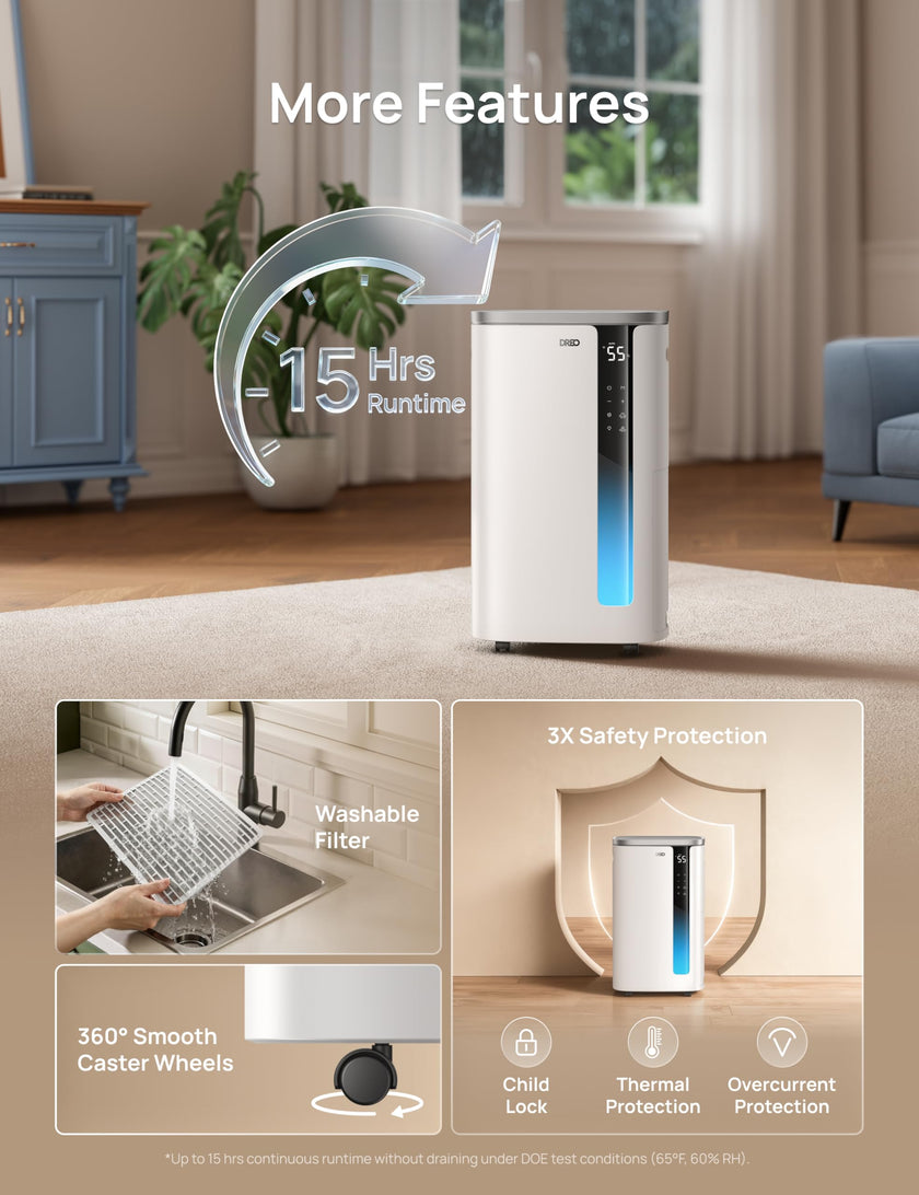 DREO 73 Pint Smart Dehumidifiers for Basements, Energy Star 6.0 Dehumidifier, Quiet 41dB, Auto Humidity Control, 3 Fan Speeds, 24H Timer, with Drain Hose, for Home up to 2000 Sq Ft, Bathroom & Bedroom 🍁 All In One Marketplace Canada