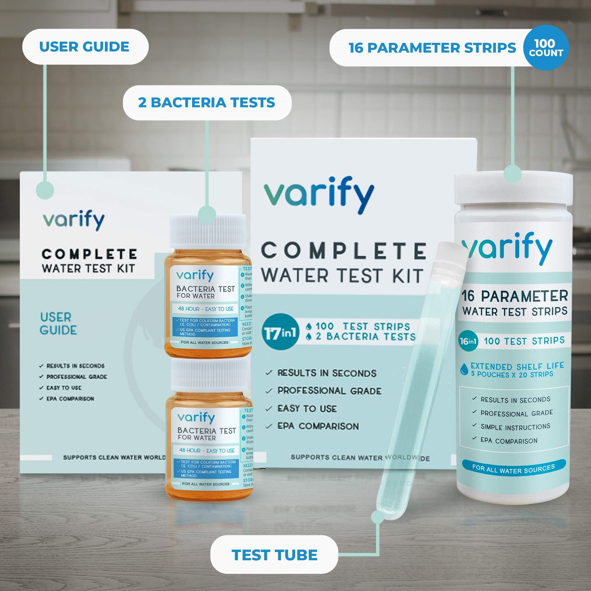 17 in 1 Premium Drinking Water Test Kit - 100 Strips + 2 Bacteria Tests - Home Water Quality Test - Well and Tap Water - Easy Testing for Lead, Bacteria, Hardness, Fluoride, pH, Iron, Copper and more! 🍁 All In One Marketplace Canada