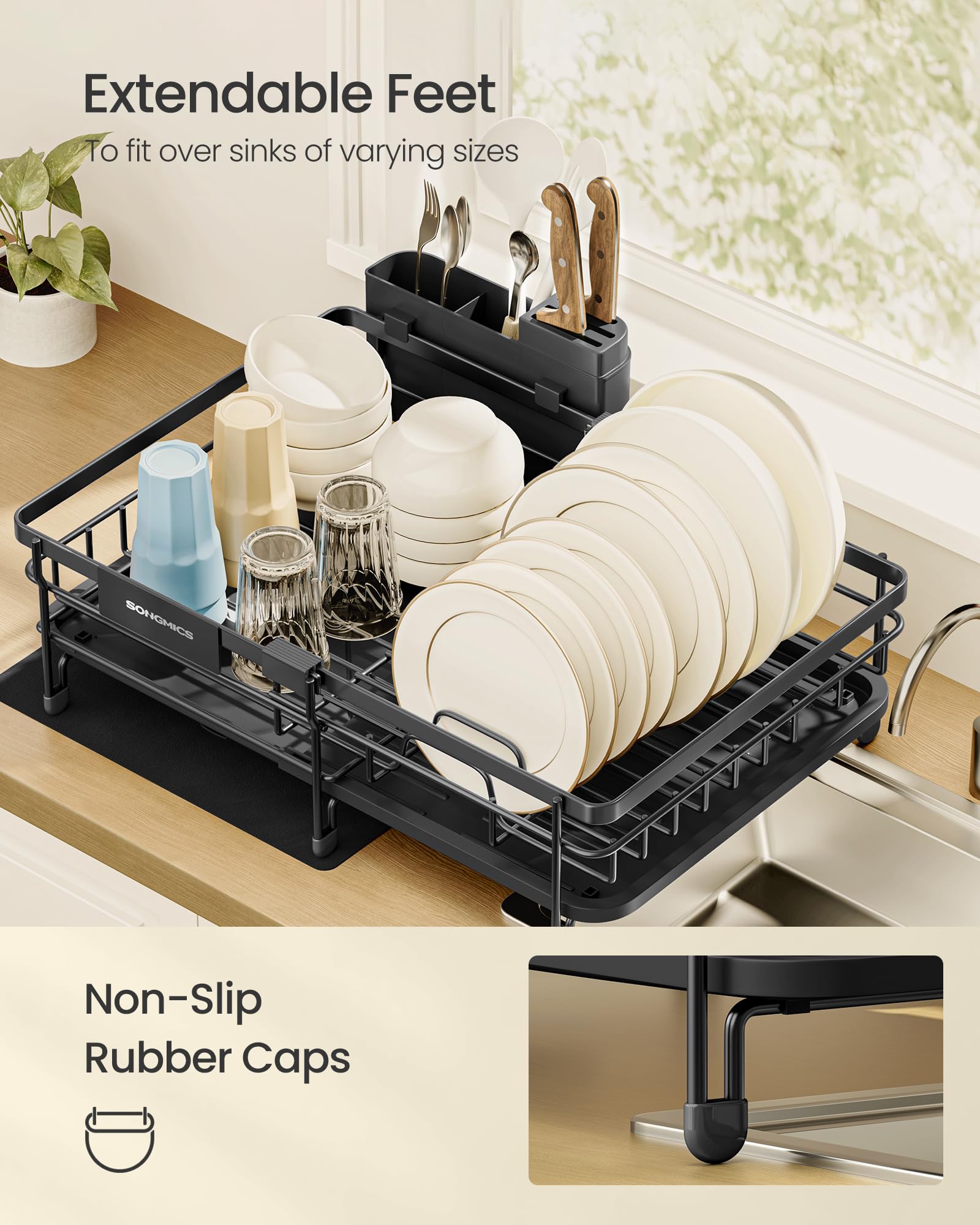 SONGMICS Dish Drainer Rack, Large Extendable Draining Board Rack for Small Spaces, 360° Rotating Extendable Spout, Kitchen Sink Drainer, Steel, 46.5 x 29.6 x 14 cm, Ink Black KCS556BH01 🍁 All In One Marketplace Canada