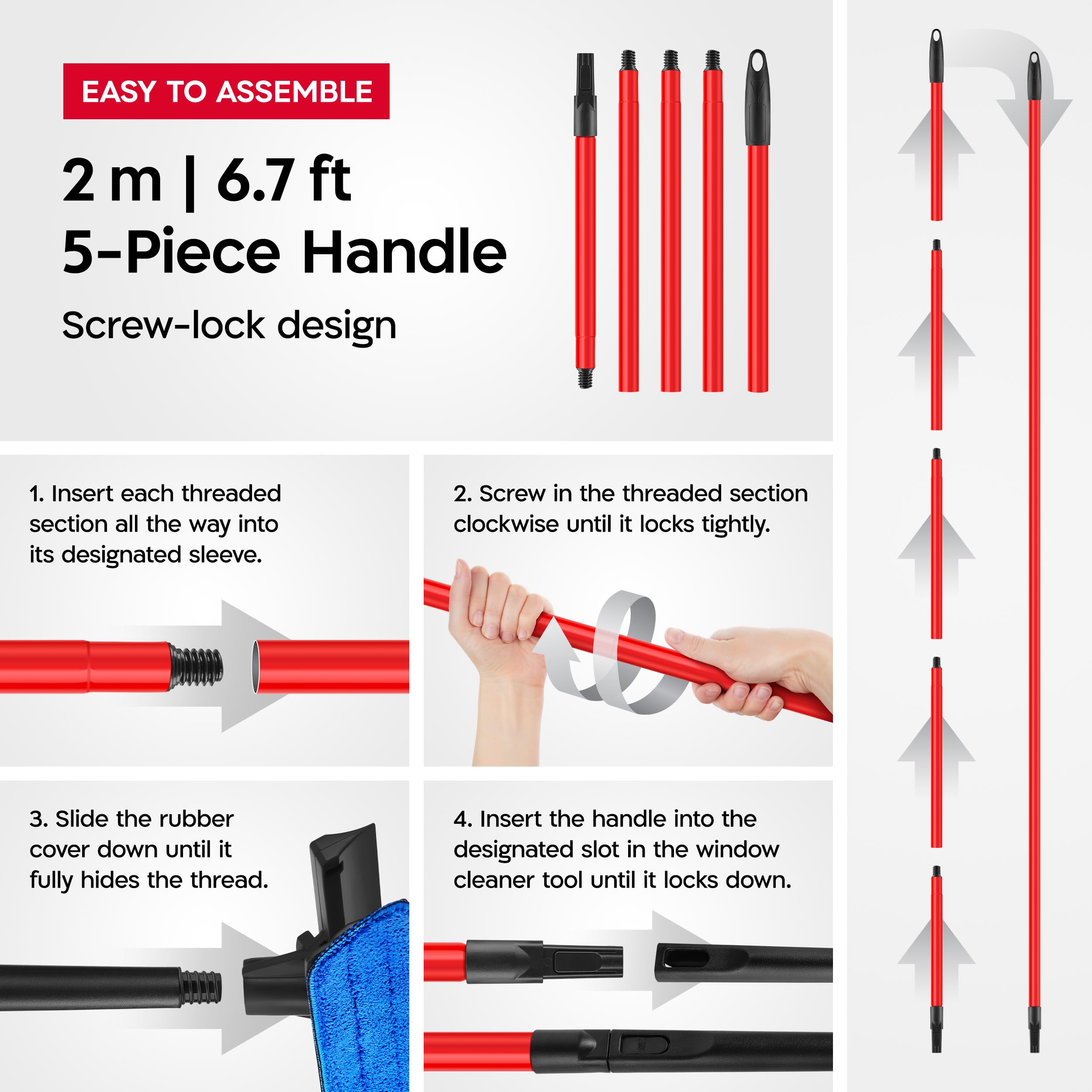Tyroler 2-in-1 High Window Cleaning Tool | Window Squeegee Extendable with 30-205CM 5 Part Handle | Perfect Window Cleaning & Washing Kit (Black - Rubber) 🍁 All In One Marketplace Canada