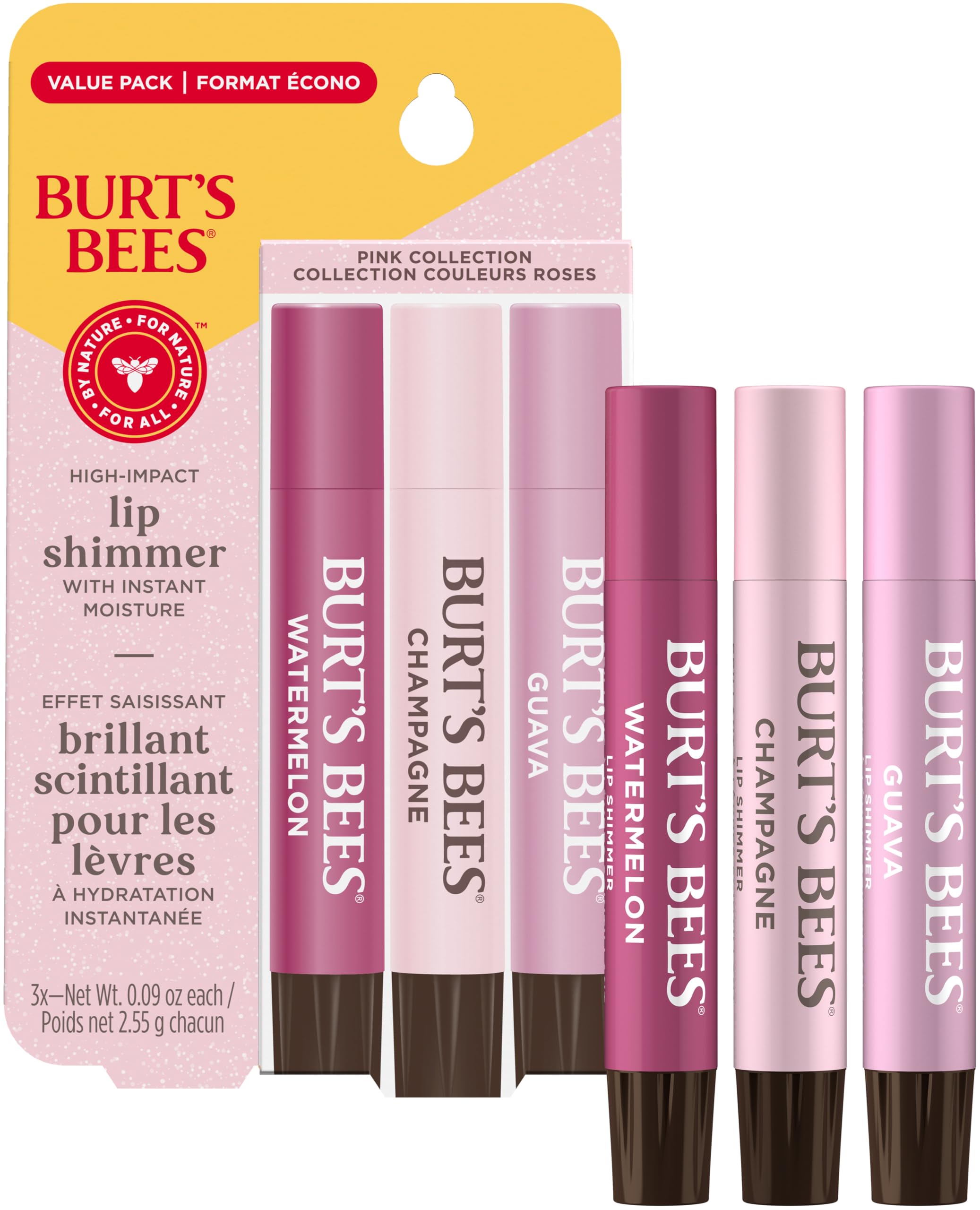 Burt's Bees Lip Shimmer, 100% Natural Origin Lip Gloss, Tinted Lip Colour | Get Soft and Hydrated Lips | Pack of 3 - (Pink) Champagne, Watermelon, Guava 🍁 All In One Marketplace Canada