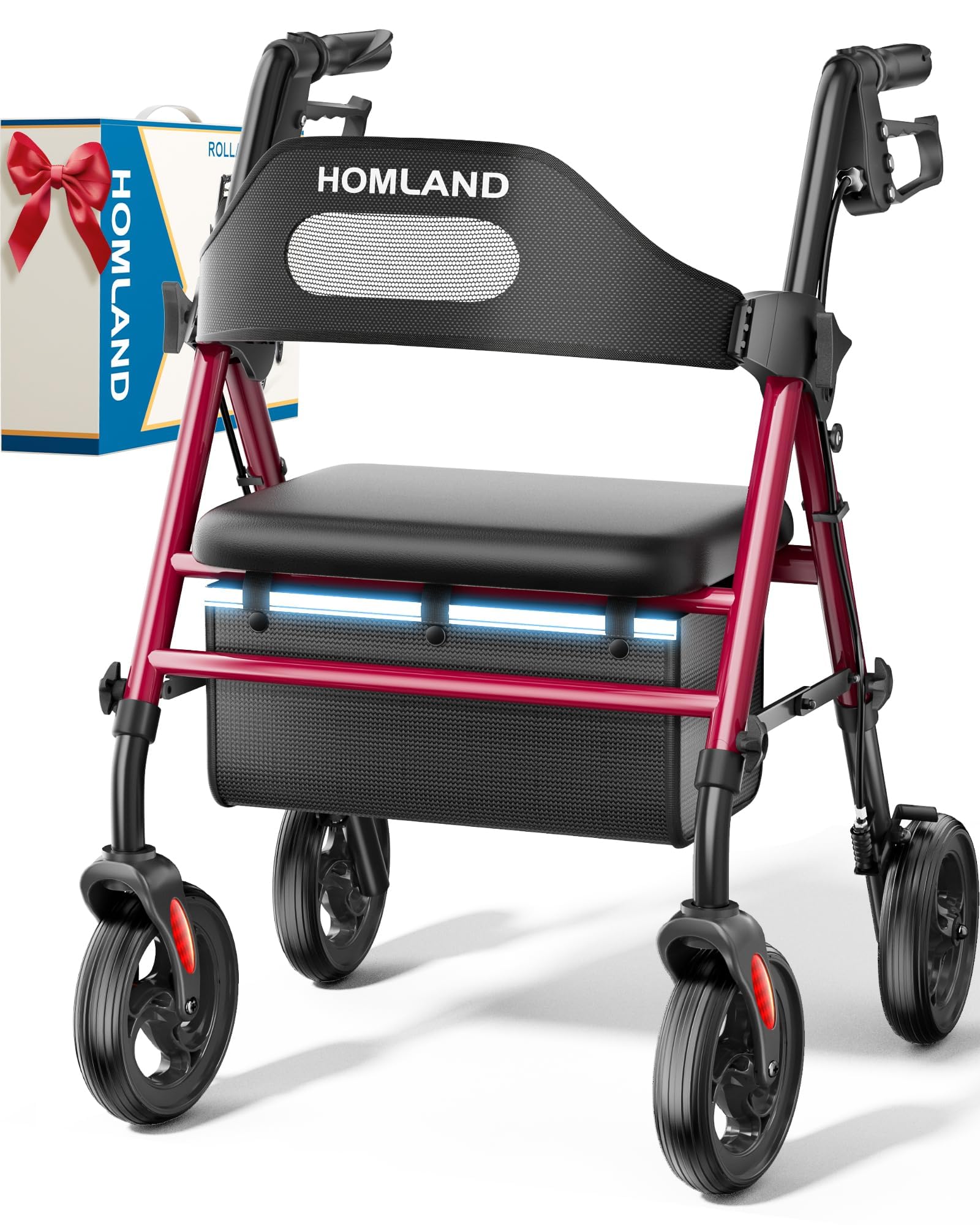 HOMLAND Foldable Rollator Walkers with Seat for Seniors, 8'' Big Wheels, 350 lb. Weight Capacity, Adjustable Handles and Seat Height, Lightweight Rolling Walker, Red 🍁 All In One Marketplace Canada