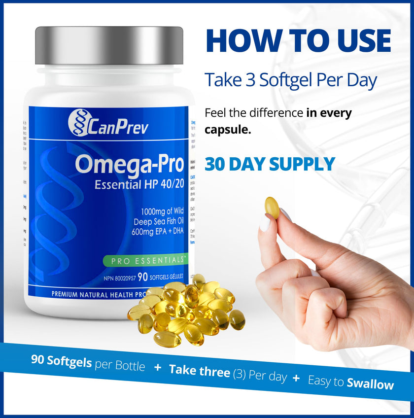 CanPrev Omega-Pro Essential HP 40/20, 90 Softgels 30-Day Supply - 1000mg Wild Deep-Sea Fish Oil, Omega-3 EPA & DHA Formula, Molecular Distilled with Vitamin E, Supports Heart, Brain, Joint, Eye & Skin 🍁 All In One Marketplace Canada