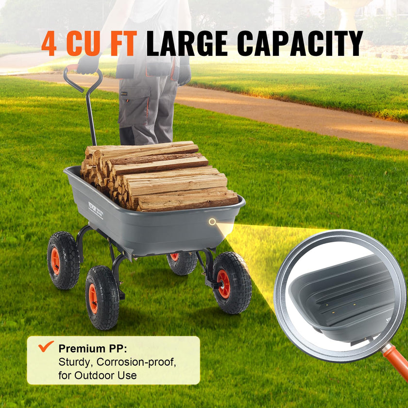 VEVOR Dump Cart, Poly Garden Dump Cart with Easy to Assemble Steel Frame, Dump Wagon with 2-in-1 Convertible Handle, Utility Wheelbarrow 600 lbs Capacity, 10 inch Tires 🍁 All In One Marketplace Canada