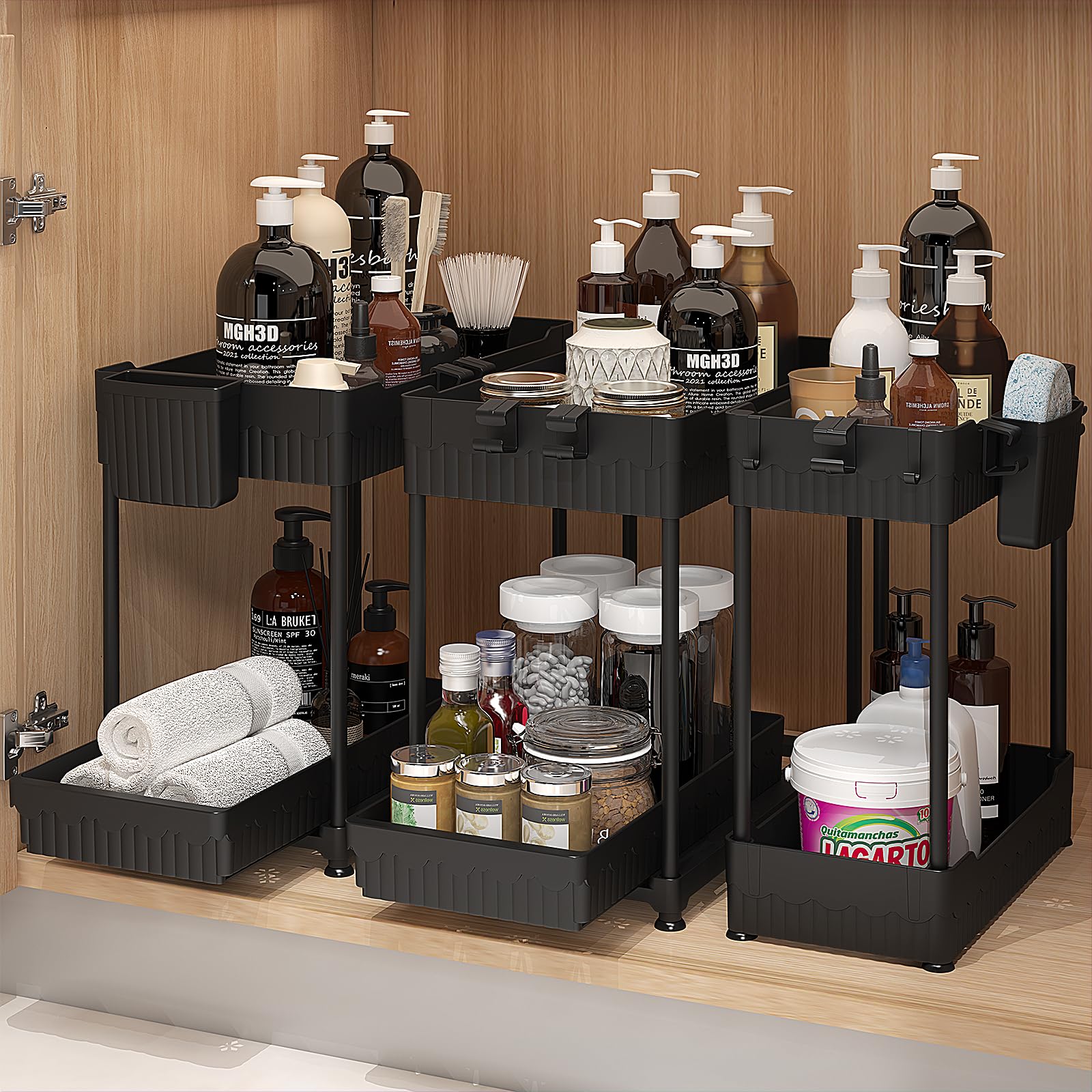 Sevenblue Under Sink Organizer 3 Pack, Bathroom Organizers, 2 Tier Multi-Use kitchen Organizers and Storage with Sliding Drawer, Hang Hooks and Cups, (Black) 🍁 All In One Marketplace Canada