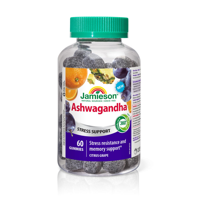 Jamieson Ashwagandha Gummy, 3000 mg, 90 Citrus Grape Gummies, Helps Increase Resistance to Stress and Improve Memory. Non-GMO, No Artificial Colours, Flavours, or Preservatives, 60 Gummies 🍁 All In One Marketplace Canada