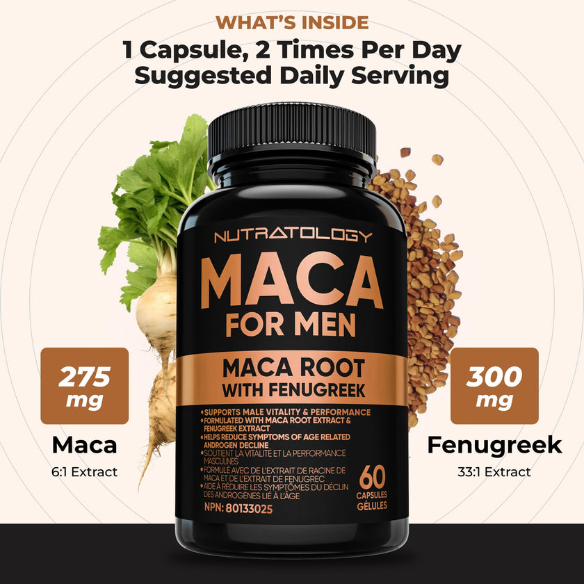 Nutratology® Maca for Men | Canadian Made | Helps Increase Stamina & Energy | Formulated with a 6:1 Extract & 33:1 Fenugreek Extract | Maca Root With Fenugreek Supplement for Men | 60 Capsules 🍁 All In One Marketplace Canada