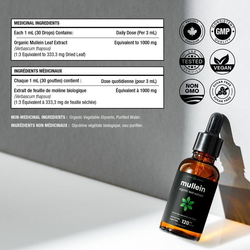 Organic Mullein Leaf Extract for Lungs - 4 Fl Oz - Herbal Tincture for Lung Cleanse & Flush - Natural Mullein Tea Alternative - Mullein Supplement Drops for Lungs - 1,000mg Equivalent Per Serving 🍁 All In One Marketplace Canada
