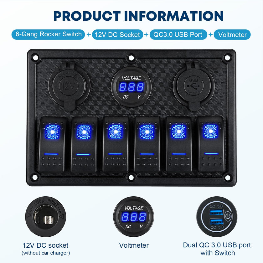Kohree 6 Gang 12V Switch Panel with Dual QC3.0 USB Slot Socket 🍁 All In One Marketplace Canada