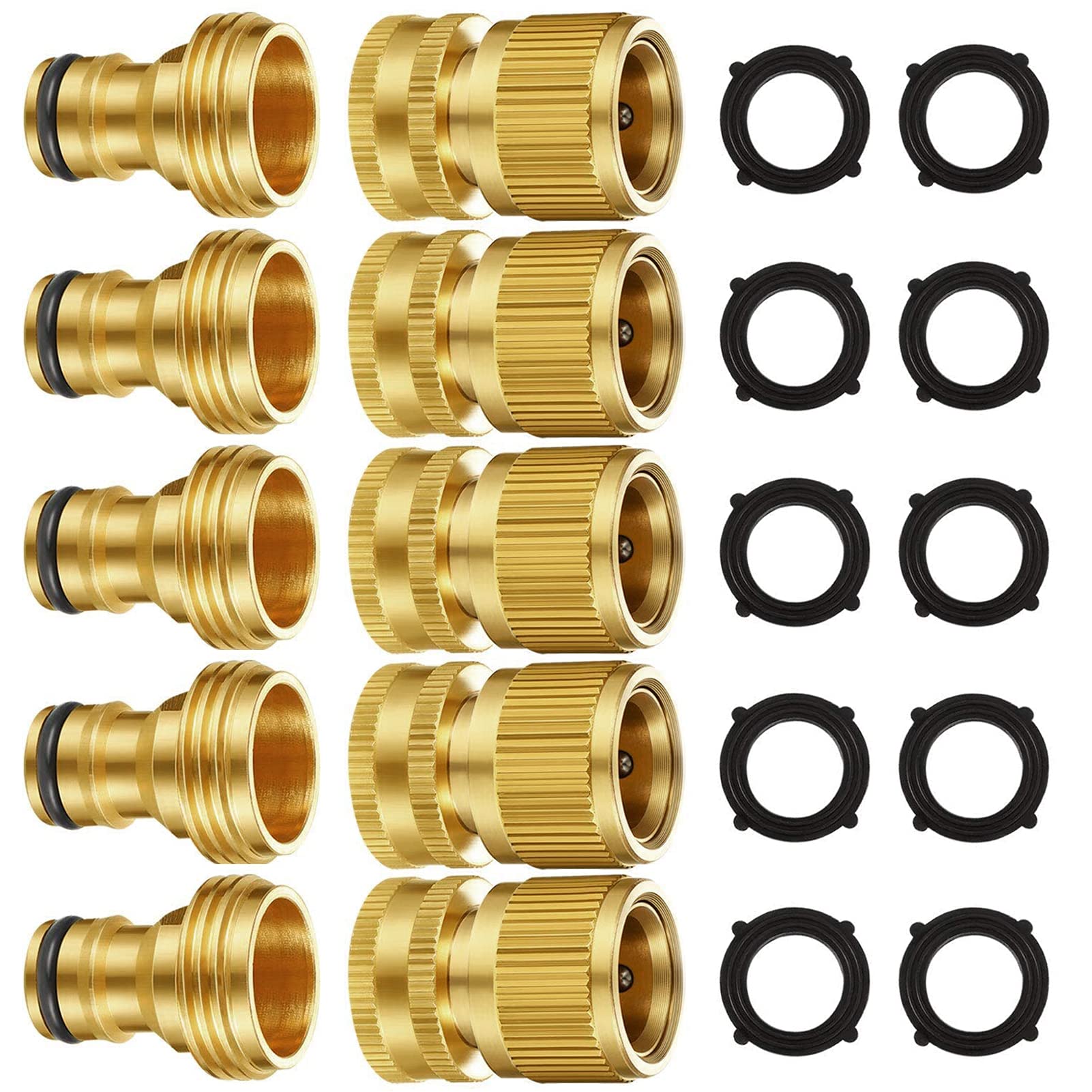 Garden Hose Quick Connectors, Solid Brass 3/4 inch GHT Thread Easy Connect Fittings No-Leak Water Hose Male Female Value Pack (5 Set) with 10pcs Extra Rubber 🍁 All In One Marketplace Canada