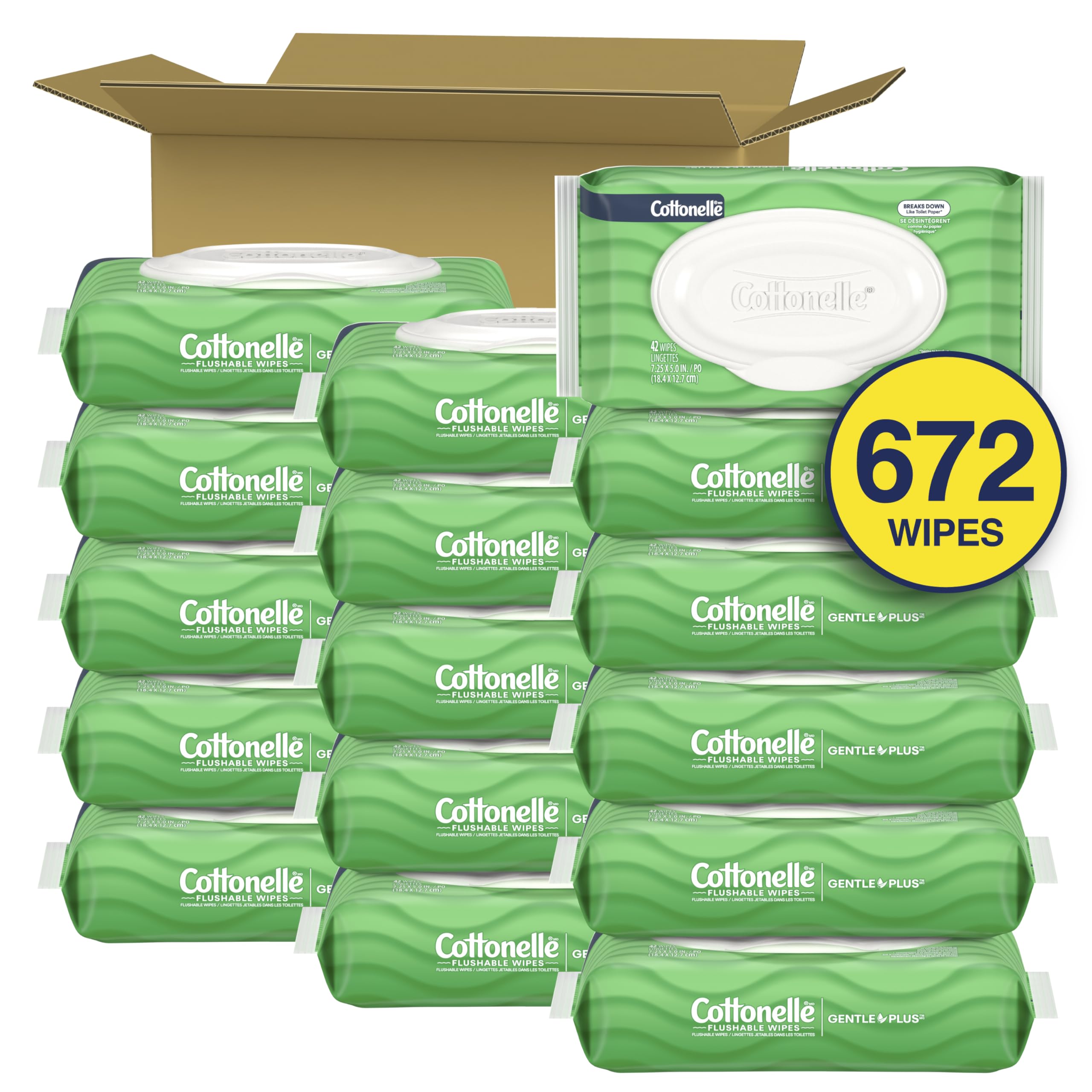 Flushable Wet Wipes, Cottonelle GentlePlus, Biodegradable & Septic Safe, 16 Flip-Top Packs of 42 (672 Wipes) 🍁 All In One Marketplace Canada