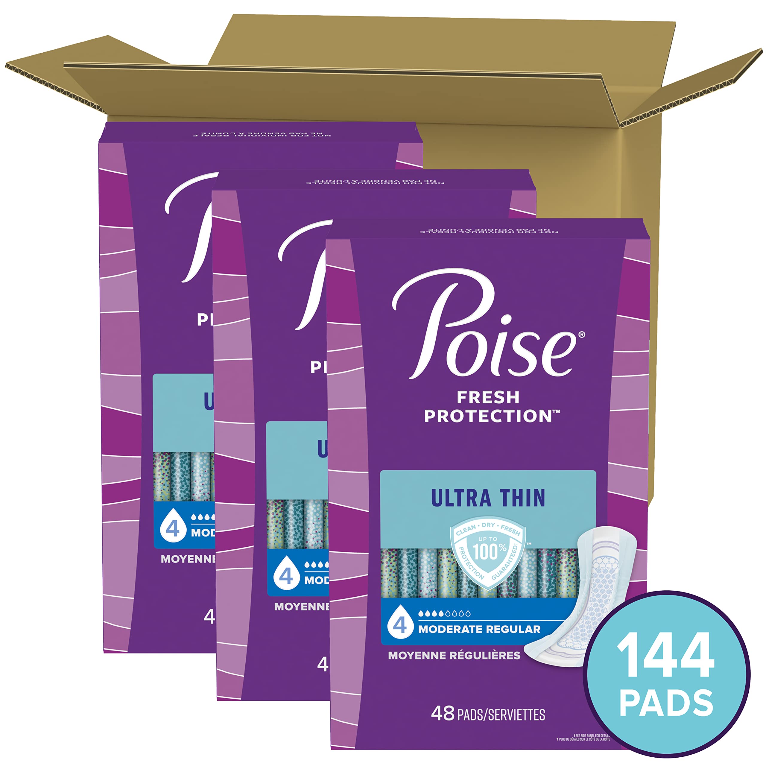 Poise Ultra Thin Incontinence Pads & Postpartum Incontinence Pads, 4 Drop Moderate Absorbency, Regular Length, 144 Count (3 Packs of 48) 🍁 All In One Marketplace Canada
