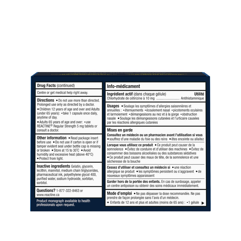 Reactine Extra Strength Antihistamine Liquid Gel Pills - 10mg Cetirizine Hydrochloride - Allergy Relief Medicine - 25 count 🍁 All In One Marketplace Canada