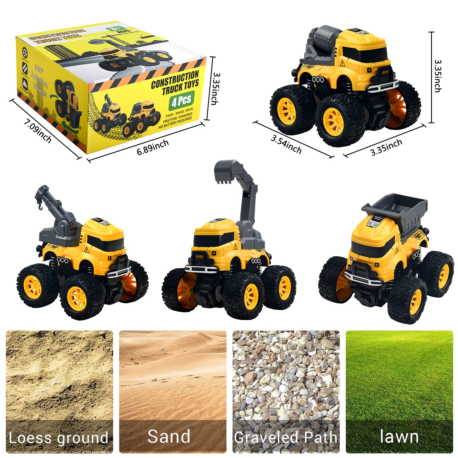 Construction Monster Truck Toys - 4pcs Excavator, Mixer, Crane, Dump Trucks Toy | Push and Go Friction Powered Cars Stunt Vehicles Playset | Kids Birthday Party Favors Gifts for 3+ Year Old Boys Girls 🍁 All In One Marketplace Canada