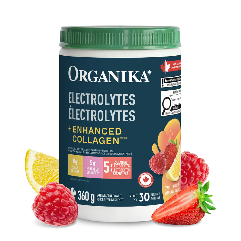 Organika Canadian-Made Electrolytes + Enhanced Collagen - Daily Hydration Powder with 5g of Collagen for Hair, Skin and Nails, 100% of Daily Vitamin C, Zesty Lemon Berry Flavour, 360 g, 30 Servings 🍁 All In One Marketplace Canada