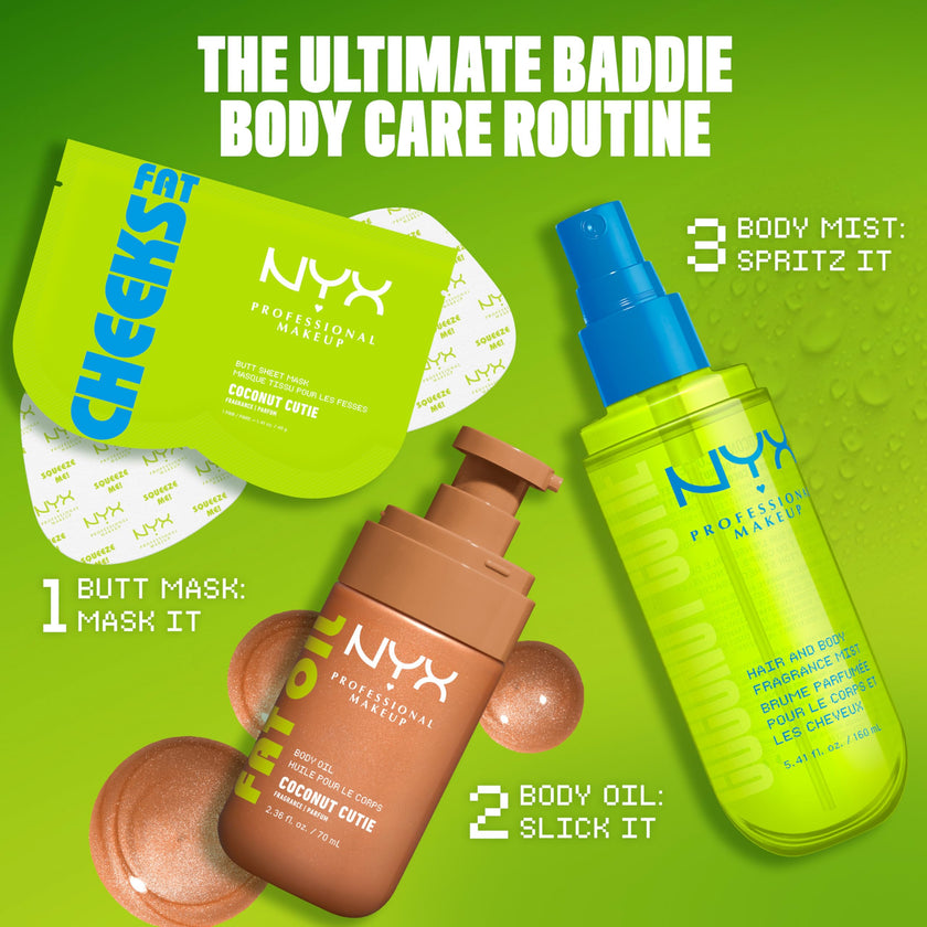 NYX Professional Makeup Fat Oil Body Oil, 24 HR Hydration, Gold Glowy Finish, Non-Sticky High-Shine Vegan Formula, Shimmering Luminous Skin, Coconut Cutie: Coconut & Peach Scent, 70 ml 🍁 All In One Marketplace Canada