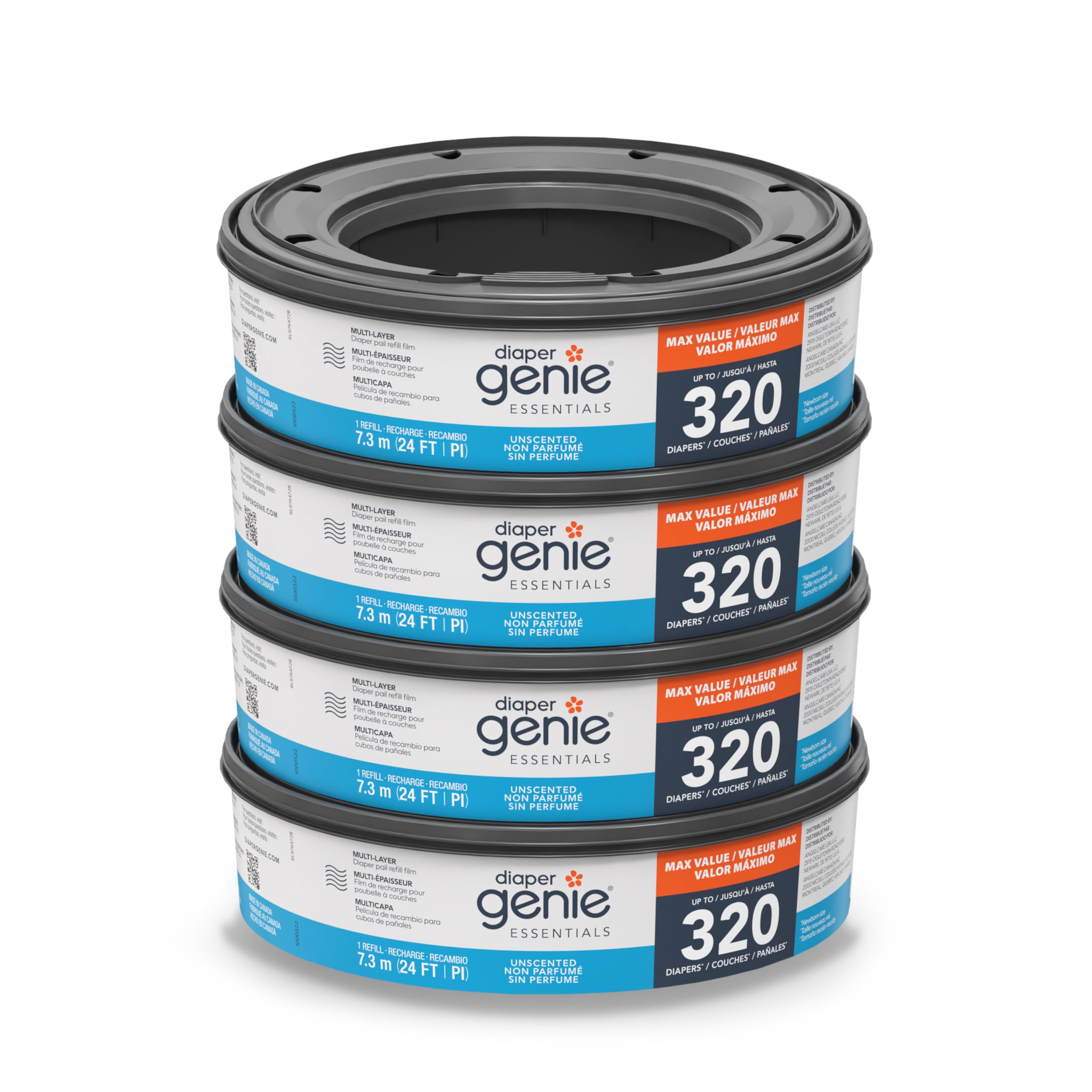 Diaper Genie Essentials Round Refill 4-Pack | Holds Up to 1280 Newborn Diapers | Features Unscented Continuous Film | Compatible with Diaper Genie Complete and Expressions Pails 🍁 All In One Marketplace Canada