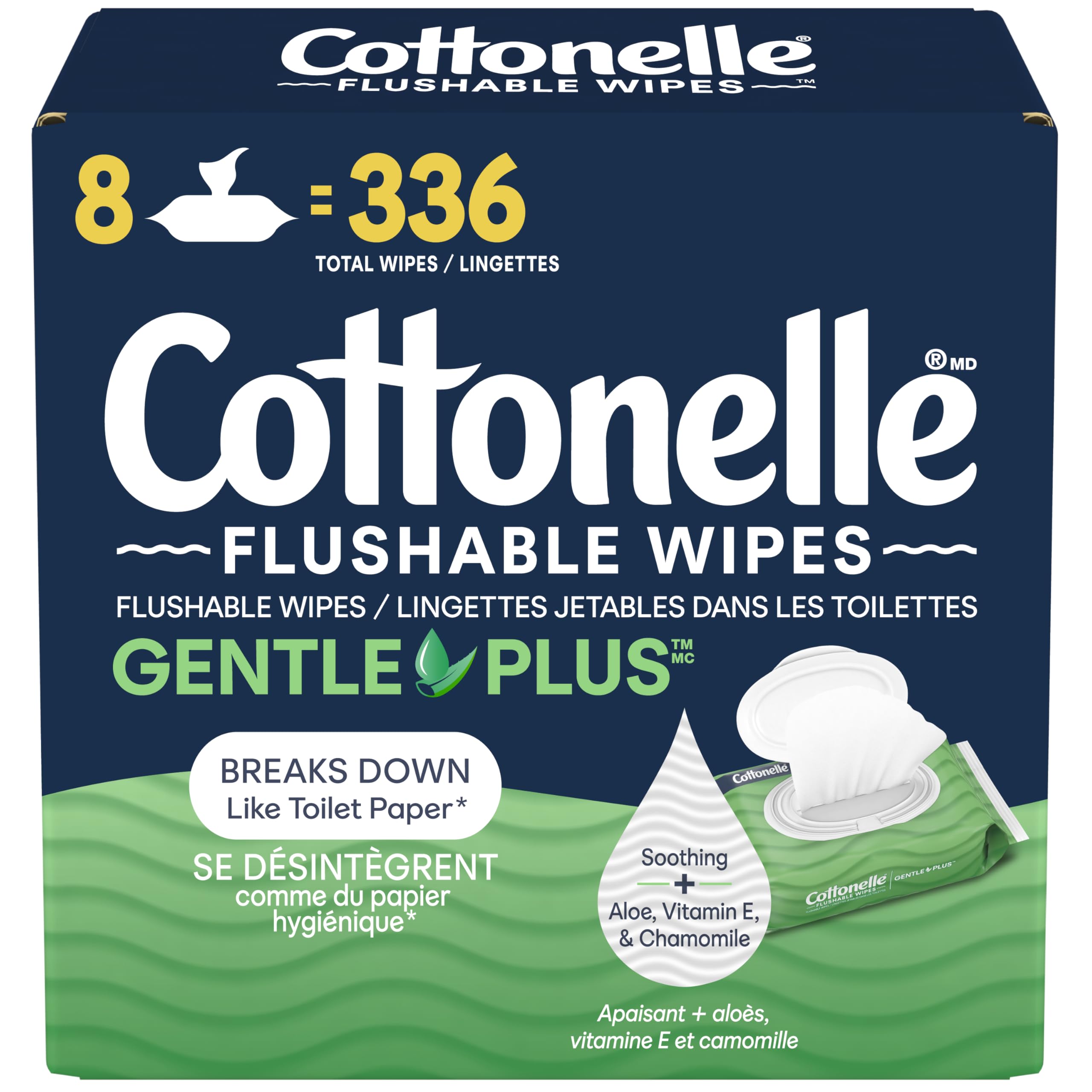 Cottonelle GentlePlus Flushable Wet Wipes with Aloe & Vitamin E, Adult Wet Wipes, 8 Flip-Top Packs, 42 Wipes per Pack (336 Total Flushable Wipes) 🍁 All In One Marketplace Canada