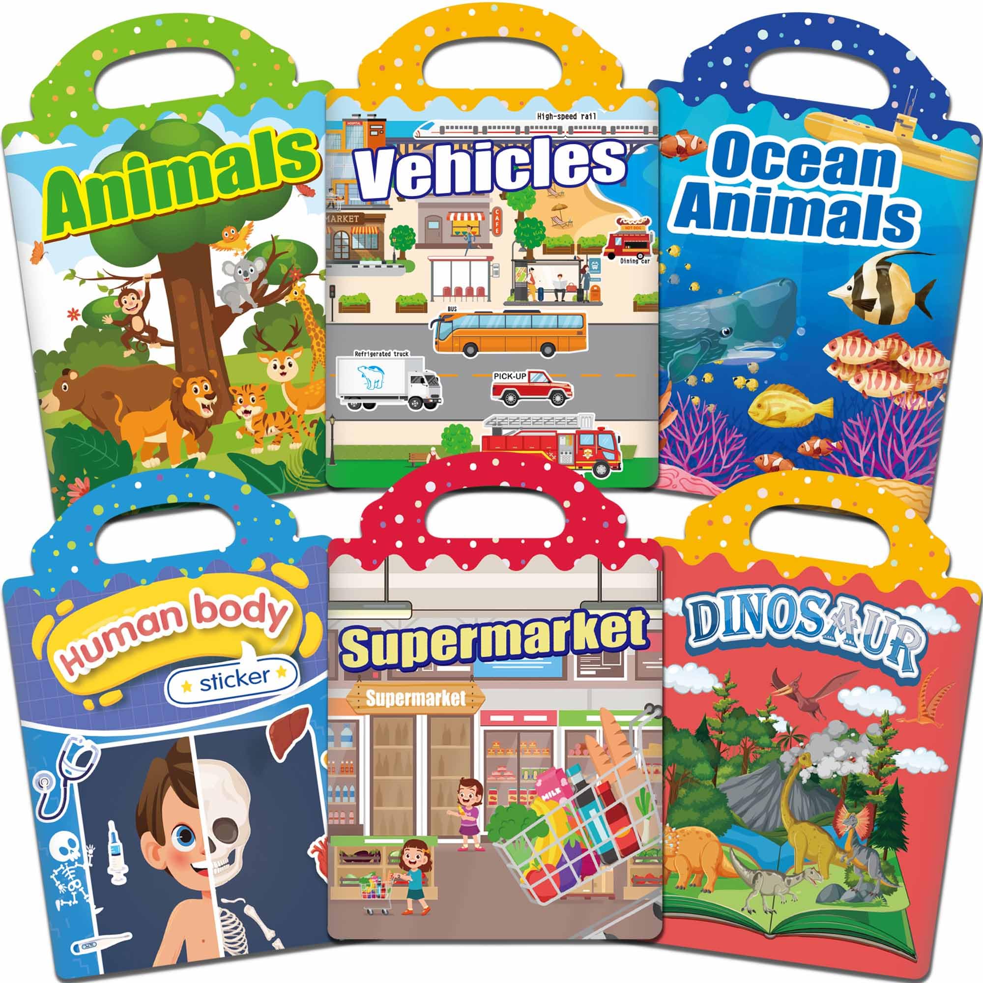 iGetooy Reusable Sticker Book, 6 Sets Sticker Book for Kids, Jelly Stickers for Kids, Vehicles, Animals, Ocean, Dinosaurs, Supermarket, Human Body 🍁 All In One Marketplace Canada
