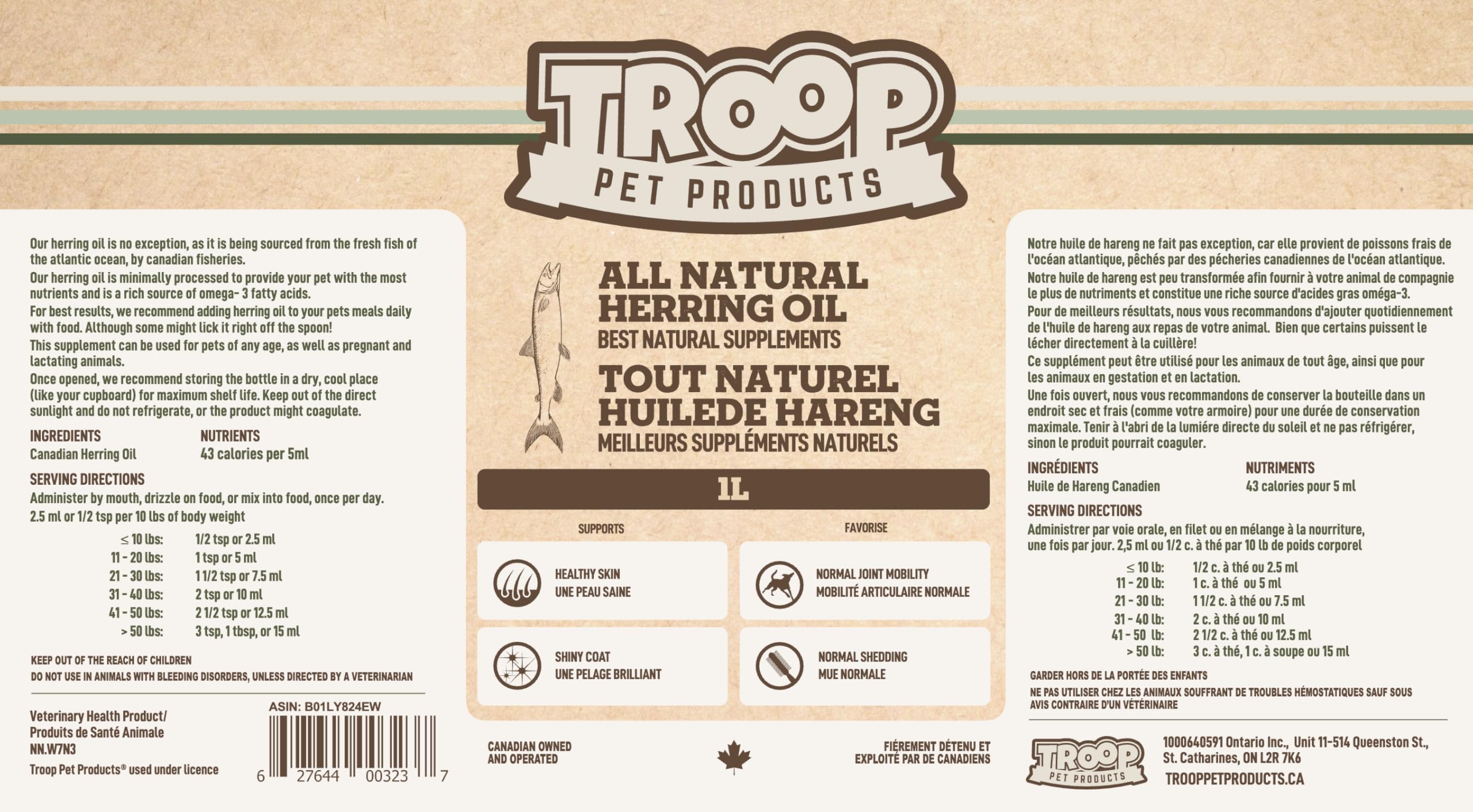 Troop Pet Products, Canadian Herring Oil, Natural Omega 3 Supplement for Improved Stamina, Immune System, Decreased Shedding, (1000ml) 🍁 All In One Marketplace Canada