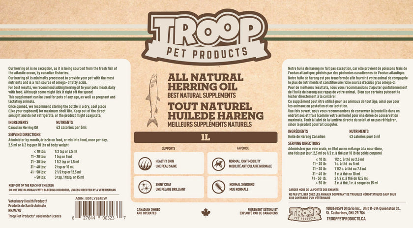 Troop Pet Products, Canadian Herring Oil, Natural Omega 3 Supplement for Improved Stamina, Immune System, Decreased Shedding, (1000ml) 🍁 All In One Marketplace Canada