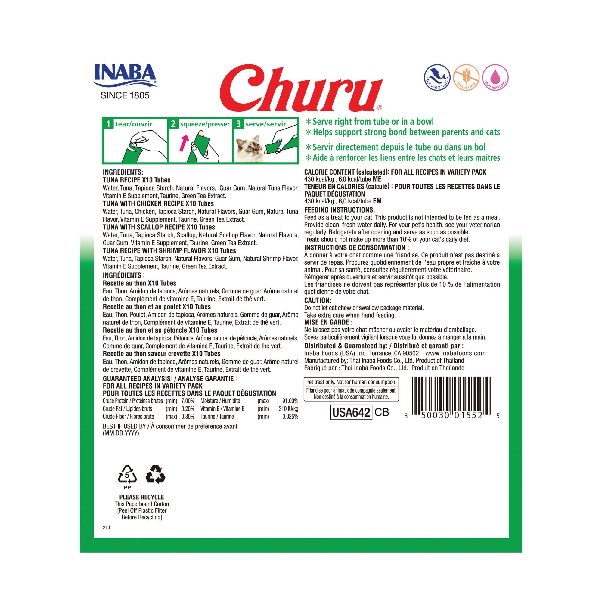 INABA Churu Cat Treats, Lickable, Squeezable Creamy Purée Cat Treat with Green Tea Extract & Taurine, 14 Grams Each Tube, 40 Tubes, Tuna & Seafood Variety Box 🍁 All In One Marketplace Canada