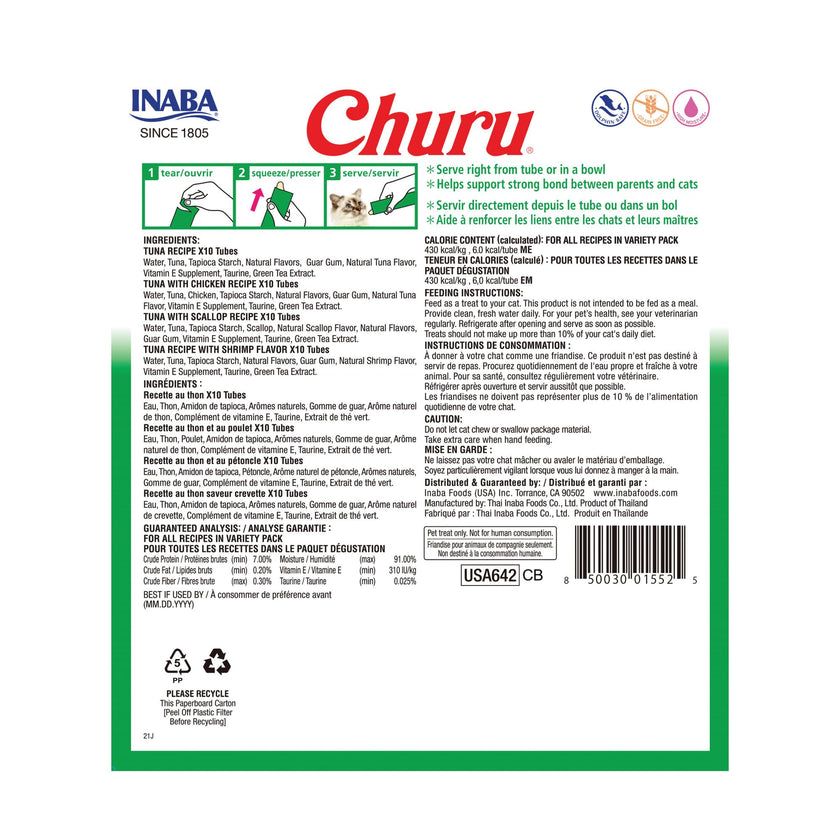 INABA Churu Cat Treats, Lickable, Squeezable Creamy Purée Cat Treat with Green Tea Extract & Taurine, 14 Grams Each Tube, 40 Tubes, Tuna & Seafood Variety Box 🍁 All In One Marketplace Canada