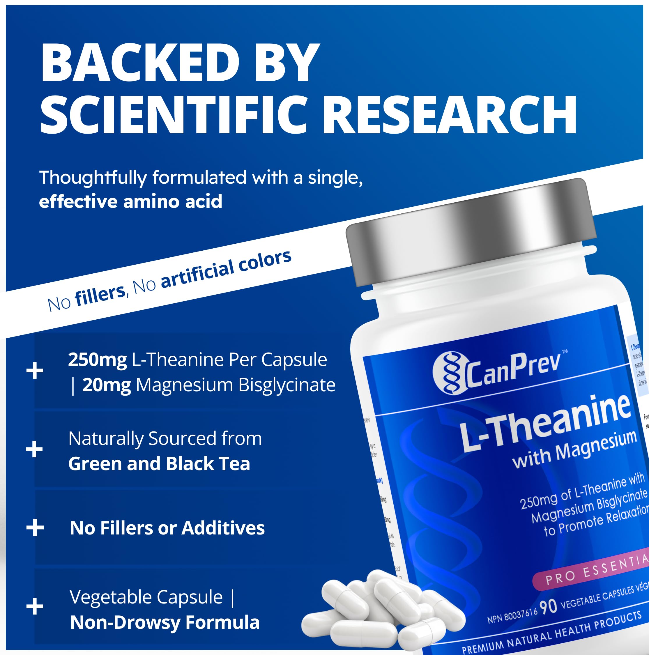 CanPrev L-Theanine with Magnesium, 90 Capsules 90-Day Supply - Promote Relaxation and Calmness - Without Drowsiness - Synergistic Blend for Well-being Management - Vegan, Non-GMO and Gluten-Free 🍁 All In One Marketplace Canada