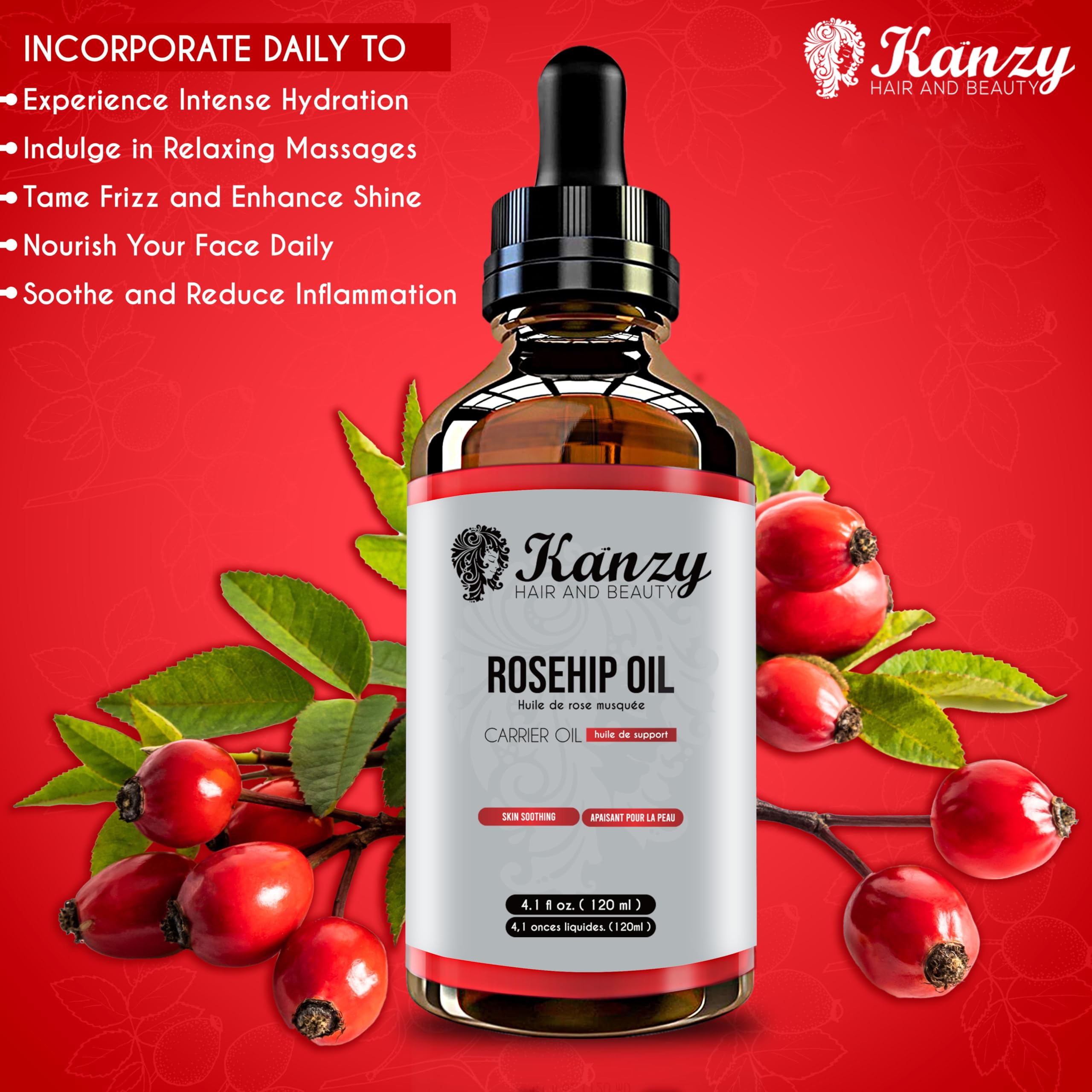 Kanzy Rosehip Oil for Face 120ml - Cold-Pressed Rosehip Oil for Skin, Hair, Nails & Body | Vegan & Cruelty-Free Moisturizing Oil for Daily Use 🍁 All In One Marketplace Canada
