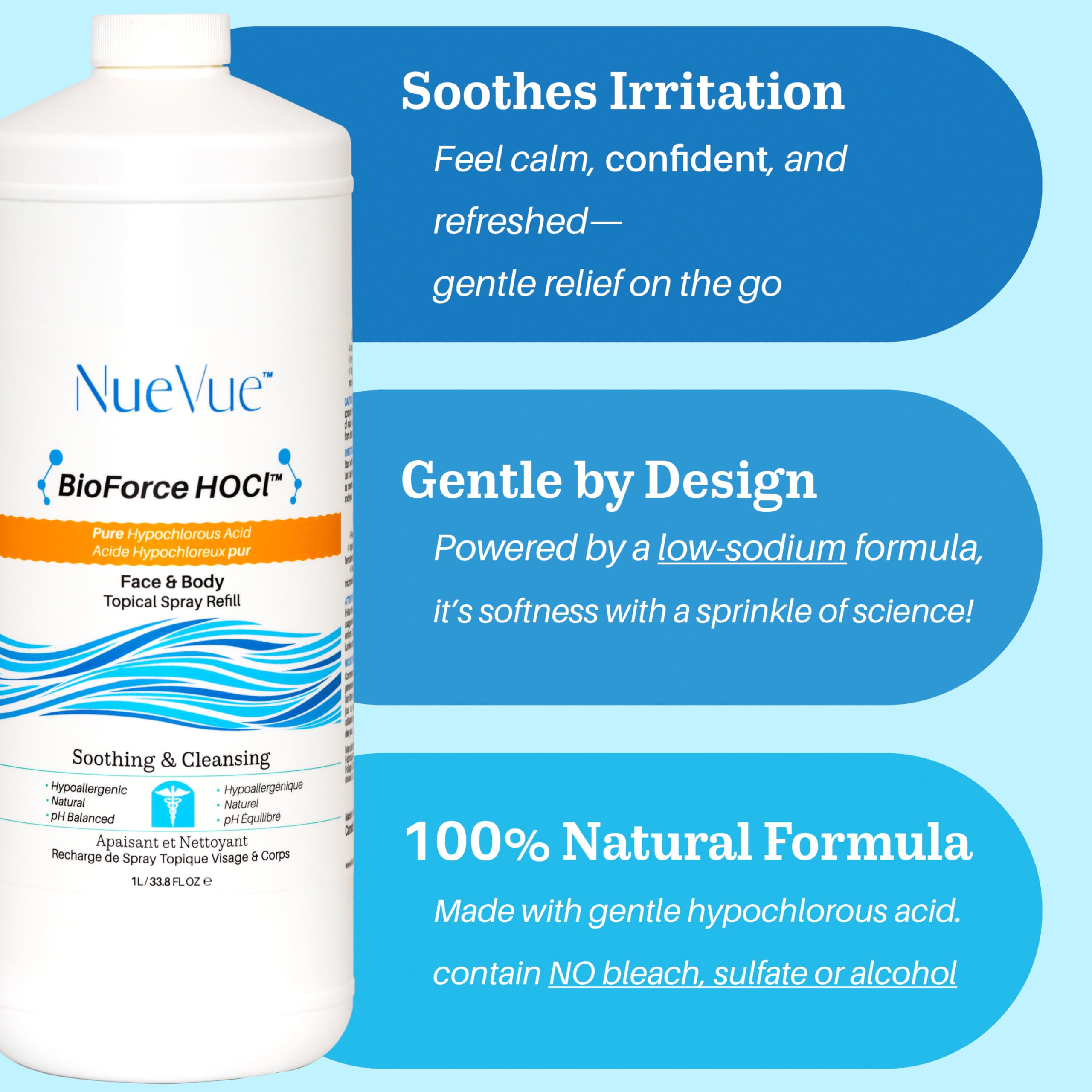 BioForce 1 Liter Hypochlorous Acid Spray Refill For Face & body - Acne-Prone Skin & Eczema, Piercing aftercare, Tattoo Aftercare, Made in Canada, All-in-One Gentle facial Cleanser & Toner, pH Balanced, Hypoallergenic & Non-comedogenic by NueVue (33.8 fl o